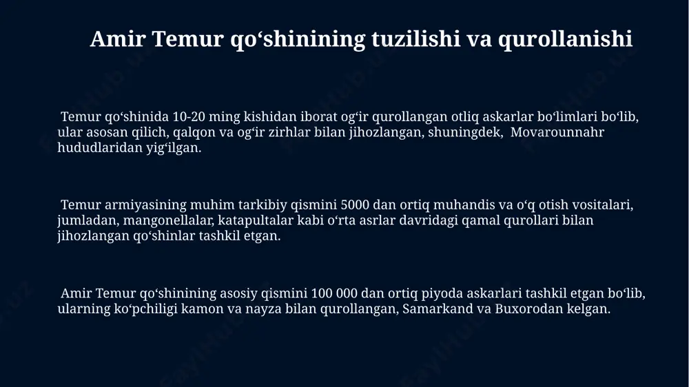 alar oʻrtasidagi munosabatlarga sezilarli darajada taʼsir koʻrsatdi. 14-asr boshlarida, maverannahr hududida, turli amirliklar va xonliklar oʻrtasida doimiy ichki nizolar kuzatildi, bu esa mintaqani siyosiy jihatdan beqaror holatda ushlab turdi va kelajakda amir temurning koʻtarilishi uchun qulay zamin yaratdi. chagatai ulusi, amir temur tugʻilishidan oldin, markaziy osiyoda zaiflashgan va parchalanib ketgan edi, bu esa mintaqada yangi kuchli hukmdorlarning paydo boʻlishi uchun imkoniyat yaratdi va turli qabilalar oʻrtasida kuchli raqobatni keltirib chiqardi. amir temurning merosi va uning harbiy faoliyatining ta'siri amir temur 1370-yillarda oltin oʻrda ustidan qozongan gʻalabalari natijasida markaziy osiyoda 100 mingdan ortiq qoʻshinini birlashtira oldi va bu mintaqada oʻz hukmronligini mustahkamladi. temur imperiyasi 1402 yilda anqara jangida usmonlilar ustidan qozongan hal qiluvchi gʻalaba natijasida eron, kavkaz va anadolu hududlarini nazorat qildi. amir temurning harbiy yurishlari natijasida 14-asrda samarqand yirik savdo va madaniy markazga aylandi va oʻrta osiyoda 200 yildan ortiq davom etgan siyosiy barqarorlikka zamin yaratdi. yoshlik yillari va dastlabki …