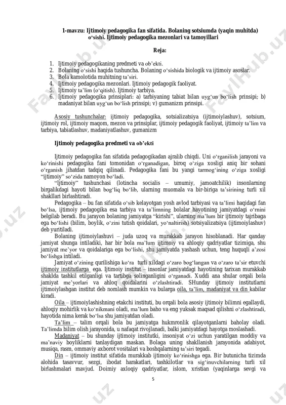 an xislatlarni shakllantirish bo‘yicha maqsadga yo‘naltirilgan faoliyat kiradi. ichki omillarga esa biologik, irsiy omillar kiradi. rivojlanish jarayonida bola faoliyatning har xil turlariga jalb qilinadi (o‘yin, mehnat, o‘quv, sport va b) va muloqotga kiradi (ota-ona, tengdoshlar, begona kishilar va b. bilan). bunda u o‘ziga xos bo‘lgan faollikni namoyon etadi. bu muayyan bir ijtimoiy tajribani egallashga yordam beradi. б о л а оила таълим маданият дин ж а м и я т sotsiologiya ijtimoiy pedagogika pedagogika 7 bola rivojlanishining har bir davri uchun faoliyat turlaridan biri asosiysi, etakchisi bo‘ladi. bir tur boshqasi bilan almashtiriladi, biroq har bir faoliyatning yangi turi oldingisining ichida yuzaga keladi. bola tug‘ilishidan boshlab normal rivojlanishi uchun muloqot muhim ahamiyatga ega. faqatgina muloqot jarayonida bola inson nutqini o‘zlashtirib olishi mumkin. bu o‘z navbatida bola faoliyatida va atrof-muhitni bili shva o‘zlashtirishda etakchi vazifani bajaradi. shaxs rivojlanishi harakatlantiruvchi kuchlari bo‘lib bola ehtiyoji va uni qoniqtirish imkoniyati o‘rtasida yuzaga keladigan qarama-qarshiliklar hisoblanadi. …