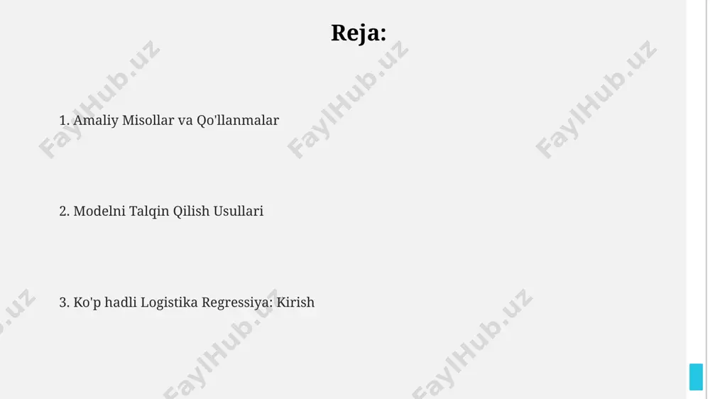 lamlarini tahlil qilishda, ayniqsa, toshkentdagi turli xil mahsulotlarga bo‘lgan talabni bashorat qilishda juda samarali. ushbu model, 2 yoki undan ortiq kategoriyali bog‘liq o‘zgaruvchini bashorat qilish imkonini beradi; masalan, 10 ta turli xil rangdagi avtomobillarni sotib olish ehtimolini aniqlashda qo‘llanilishi mumkin. ko‘p hadli logistika regressiya modeli, 0.05 dan past bo‘lgan p-qiymati bilan, statistik jihatdan ahamiyatli natijalarni berishi va samarqanddagi tadqiqotlarda ishonchli natijalarni ta’minlashi mumkin. koeffitsiyentlarni talqin qilish koeffitsiyentlarning qiymati 1 birlikka o'zgarishda, masalan, toshkent shahridagi 3 ta turli mahsulot toifasini bashorat qilishda, ma'lum bir toifaning ehtimolligini qancha o'zgartirishini ko'rsatadi. koeffitsiyentlarning ishonch oralig'i (masalan, 95% ishonch oralig'i) andijon viloyatidagi 2 ta turli guruhdagi ma'lumotlarni tahlil qilishda, koeffitsiyentning haqiqiy qiymatini aniqlashda yordam beradi va uning ahamiyatini baholaydi. agar koeffitsiyent 0.5 ga teng bo'lsa, samarqand viloyatida o'tkazilgan tadqiqotda, mustaqil o'zgaruvchining 1 birlikka o'sishi bog'liq o'zgaruvchining ehtimolligini taxminan 1.65 ga oshiradi. amaliy misollar va ilovalar andijon viloyatidagi 10 ta turli xil paxta navlarining hosildorligini prognoz …
