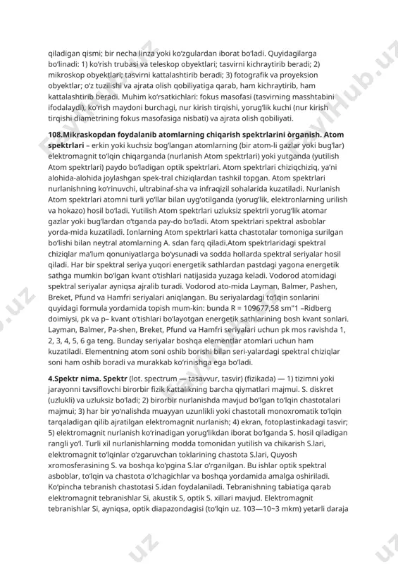 ning konsentratsiyasi, trasi va xossalariga bogʻliq boʻladi. jismlar tuzilishini oʻrganishda, geliotexnika va kimyo sanoatida yo. yu. hodisasidan foydalaniladi. 103.yoruģlik yutlishning yutuvchi qatlam qalinligiga boģliqligi. modda tomonidan yorug’lik yutilishini miqdoriy xarakterlash uchun faqatgina berilgan to’lqin uzunligi uchun yutilish koeffistenti darajasi ko’rsatgichi intensivligi emas, balki yutilishi ko’rsatgichini spektri o’lchanadi. yo’tilishi ko’rsatgichi spektrini o’lchash monoxrom fotometriyaning vazifasi, shuning uchun u nisbat sodda fotometriyaning ba’zi bir usullari bilan oshib boriladi. absorbsion o’lchovlar asosida yutilish qonuni yotadi. teng qalinlikdagi har bir qatlam o’tayotgan nurlanishni o’ziga teng hissasini yutadi. yutuvchi qatlamga monoxramatik yorug’liknng parallel dastasi tushayotgan bo’lsa, intensivlikni kamayishi qatlam qalinligi dx ga va yorug’lik intensivligi i ga proporsional bo’ladi –di=kidx bunda: -dx/i=k. dx bu ifodani i dan i0 gacha 0 dan d gacha (i0 – tushayotgan yorug’lik intensivligi d-qatlam qalinligi) integrallab olamiz. 104.mir-12 mikraskopida ishni bajarilish tartibi. 105.mikraskopning optik sxemasi. optik mikroskop biologik va tibbiy tadqiqotlar sohasidagi keng tarqalgan vosita bo'lib, u hujayra biologiyasi, gistologiya, …