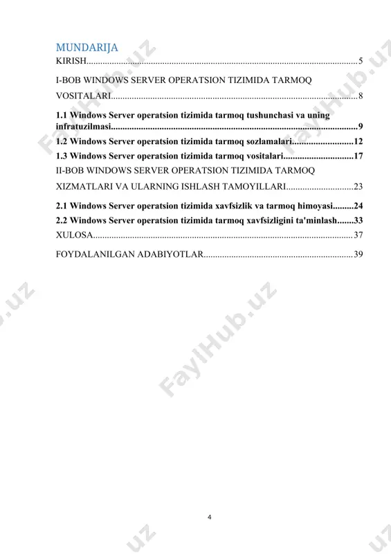 toring qilish, tarmoq xavfsizligini tahlil qilish kabi keng ko‘lamli vazifalarni amalga oshirishlari mumkin. windows operatsion tizimining tarmoq vositalari ko‘plab boshqa operatsion tizimlarda mavjud bo‘lgan analog vositalar bilan taqqoslanganda, o‘zining soddaligi, kengaytirilgan funksionalligi va qulayligi bilan ajralib turadi. misol uchun, linux yoki macos kabi tizimlarda ham tarmoq diagnostikasi uchun ko‘plab buyruq satri vositalari mavjud bo‘lsa-da, windows foydalanuvchilariga qulay grafik interfeys va avtomatlashtirish imkoniyatlarini birlashtirganligi sababli, keng auditoriyaga mos keladi. bu esa, o‘z navbatida, tarmoq muhitlarini boshqarishda samaradorlikni oshirish, nosozliklarni tez aniqlash va ularni bartaraf etishda vaqtdan sezilarli darajada tejamkorlikka erishish imkonini beradi. zamonaviy it sohasida har qanday mutaxassis - tarmoq administratoridan tortib tizim muhandisigacha, dasturchidan axborot xavfsizligi bo‘yicha mutaxassisgacha - windows operatsion tizimining tarmoq vositalarini chuqur bilishi zarur. chunki tarmoqdagi har qanday nosozlikni tahlil qilish, tarmoq faoliyatini monitoring qilish va xavfsizlikni ta’minlashda ushbu vositalarning roli beqiyosdir. kurs ishining tuzilishi: kurs ishi kirish qismi, mundarija, 2 bob, 5 ta paragraf, xulosa, ilmiy-amaliy …