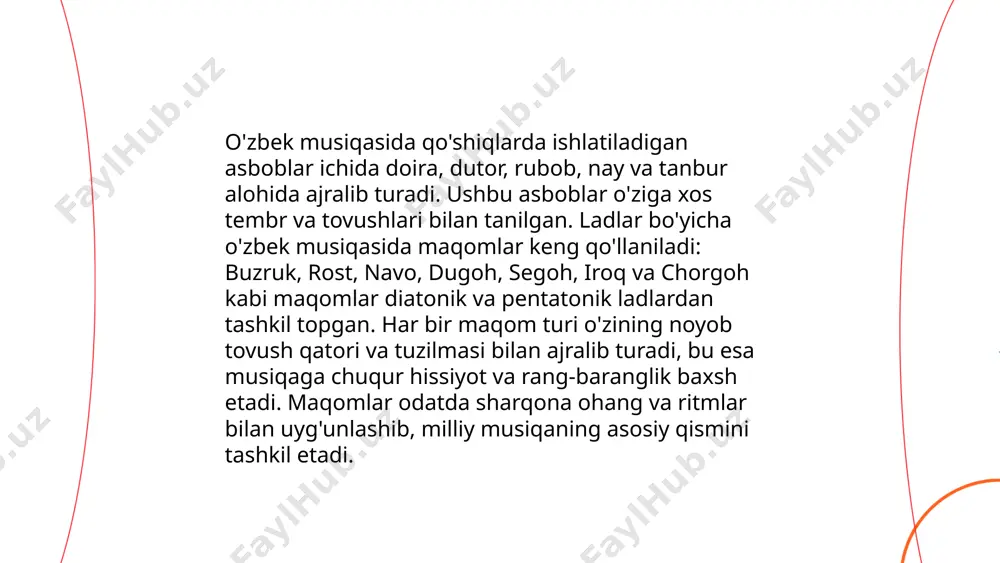 arishlarini oʻrganadi. har bir regionda musiqaning oʻziga xos lad tuzilmalariga ega boʻlishi kuzatiladi. masalan, xorazm va buxoro regionlarida shashmaqom asosida yoʻnalgan ladlar keng tarqalgan, toshkent va fargʻona vodiysida esa oʻziga xos maqomlar avj olgan. har bir region oʻz musiqiy anʼanalari va madaniyatiga mos ladlarni rivojlantiradi. bu oʻzgarishlar musiqaning turli shakllarida ifodalanib, har bir region ijrochilik uslubi va repertuarida oʻz aksini topadi. o'zbek xalq qo'shiqlarining lad tuzilishi variantliligi invariantliligi mamatqulov muslimjon e'tiboringiz uchun raxmat! image1.png image2.png image3.png image4.png image5.jfif image6.jfif image7.jfif image8.jfif /docprops/thumbnail.jpeg