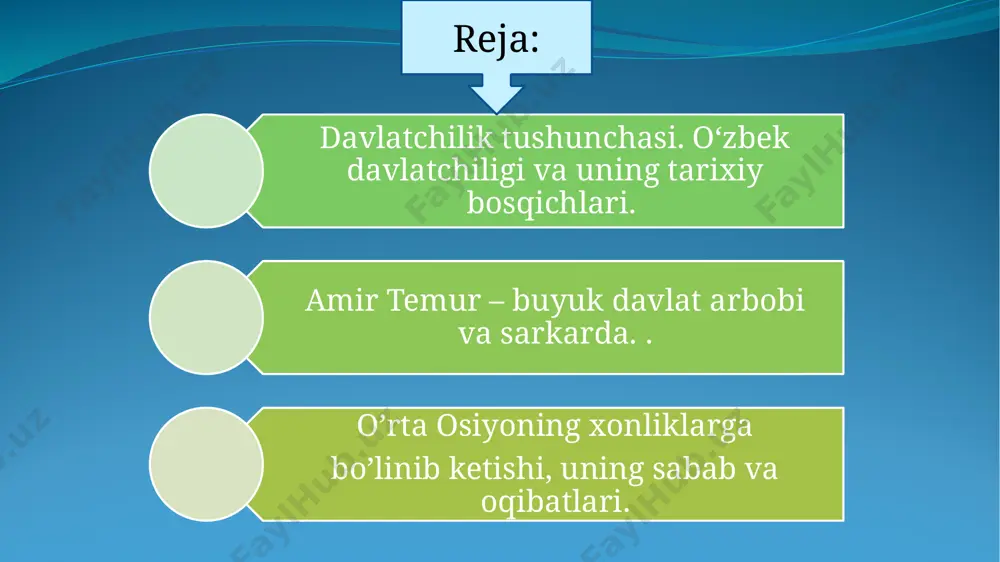bo‘lib, qo‘shni davlatlar bilan o‘zaro aloqalarni yanadi rivojlantiradi. yunon-baqtriya, qang' va kushonlar davlatchiligi. ko‘pchilik tadqiqotchilarning e’tirof etishlaricha, yunon-baqtriya davlatining salavkiylardan ajralib chiqishi yunon zodagonlarining qo‘zg‘oloni xususiyatiga ega bo‘lib, unga baqtriya aholisi tomonidan qo‘llab-quvvatlangan diodot boshchilik qiladi. tadqiqotchilar yunon-baqtriya davlati paydo bo‘lgan turli sanalarni belgilaydilar (mil.avv. 256, 250, 248 va 246-145 yy). bu davlatning asosi baqtriya bo‘lib, ba’zi hukmdorlar davrida (evtidem, demetriy, evkratid) hindistonning shimoli-g‘arbiy qismi, amudaryo va sirdaryo o‘rtasidagi katta erlar qo‘shib olinadi. yunon-baqtriya markazlashgan davlat bo‘lib, hokimiyatni podsho boshqarar edi. davlat bir nechta viloyat (satrapiya) larga bo‘lingan bo‘lib, bu viloyatlar boshqaruvchilari yoki hokimlari podshoga bo‘ysunar edilar. antik davr o‘zbekiston hududlarida tarqqiy etgan davlatlardan biri - qang‘ davlatidir. qadimgi xitoy manbalarida qang‘ davlati mavjud bo‘lganligi haqidagi ma’lumotlar mil.avv. iii asr oxiri - ii asr boshlariga to‘g‘ri keladi. qang‘ davlati asosini tashkil etgan qabilalar sirdaryoning o‘rta va quyi oqimlarida istiqomat qilganlar. turk hoqonligi va uning davlat boshqaruvi tizimi. o’zbek davlatchiligi tarixida …