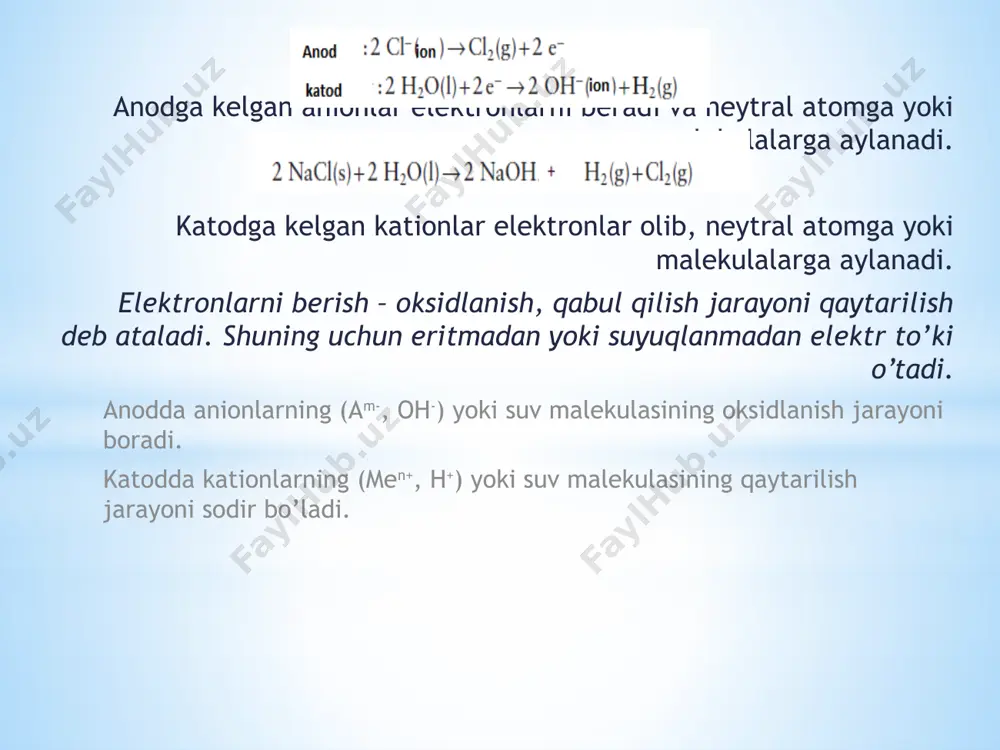 iqdori (kl), i – to’k kuchi (a), t – vaqt (s yoki soat), k – ayni elementning elektrokimyoviy ekvivalenti (g/k) faredeyning ikkinchi qonuni: agar turli elektrolitlarning eritmasi yoki suyuqlanmasi orqali bir xil miqdorda elektr to’ki o’tkazilsa, elektrodlarda ajralib chiqadigan moddalarning ma ssa miqdorlari o’sha moddaning kimyoviy ekvivalentlariga to’g’ri proporsional bo’ladi. ek  96500 1 bunda e – moddaning kimyoviy ekvivalenti (g) faradeyning birinchi va ikkinchi qonunlarini birlashtirib quyidagi fo’rmulaga ega bo’lamiz. f qe f tie m     yoki nf qar nf tiar m     bu yerda f – faradey doimiysi vaqt sekundda olinsa qiymati - 96500 k, vaqt soatda olinsa qiymati – 26.8 a·s, ar – elektrodda ajralib chiqqan elementning nisbiy atom massasi, n – elektrodlardagi jarayonda ishtiro k etgan elektronlar soni. to’k bo’yicha unum: %100 96500 1     tie m h buda m 1 -amalda ajralib chiqqan modda miqdori (g), …