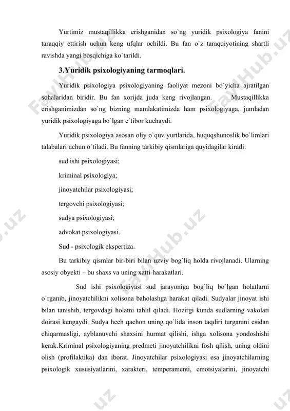 boriladi. ya`ni jinoyat motivlari aniqlanadi. sud-psixologik ekspertizani mutaxassis - psixologlar olib boradilar. 4. yuridik psixologiyaning metodlari tadqiqotdan ko`zlangan maqsadlar bo`yicha yuridik psixologiyaning metodlari uch guruhga bo`linadi: ilmiy- tadqiqot metodlari. bu metodlar yordamida huquq normalari bilan tartibga solinadigan insoniy munosabatlarning psixologik qonuniyatlari tadqiq etiladi, jinoyatning oldini olish va unga qarshi kurash bilan shug`ullanayotgan xodimlarga ilmiy asoslangan tavsiyalar tayyorlab beriladi. shaxsga psixologik ta`sir o`tkazish metodi. bu usul jinoyatchilikka qarshi kurashayotgan mansabdor shaxslar tomonidan qo`llanilib, jinoyatlarni ochish, ularning motivlarini aniqlash maqsadlarini ko`zlaydi. sud-psixologik ekspertizasi metodlari. ular tergov yoki sud organlari qarori bo`yicha ekspert-psixolog tomonidan imkoni boricha to`la-to`kis va obyektiv tadqiqot o`tkazib, gumondor yoki sudlanuvchining xatti-harakatlari uchun javob bera oladigan darajadagi psixik holatini aniqlash maqsadini ko`zlaydi. kuzatish metodi. uning afzalligi shundaki, tadqiqot jarayonida inson faoliyatining odatdagi oqimiga ta`sir ko`rsatilmaydi. bu metod asosida xolis natijalarga erishish uchun bir qator shartlarga amal qilish talab etiladi. jumladan, kuzatish dasturini tayyorlash, tadqiqot natijalarini to`g`ri qayd etish kabilar. bundan …