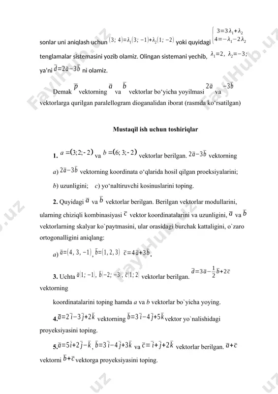 , 5, 6) 12 (-1, -3, -2) (-4, -3, 2) (2, 2, 0) (-1, 0, 7) 13 (0, -1, -2) (5, 3, 4) (-1, 1, 1) (3, 0, 3) 14 (2, 2, 2) (-3, -3, -3) (1, 2, 0) (-2, -3, 1) 15 (1, 0, 2) (5, 3, -2) (2, 1, 4) (-2, -3, 8) 15quyida berilgan uchta vektorlar bazis hosil qilishini tekshiring. 16. berilgan vektorlar orasidagi burchak kosinusini aniqlang va skalyar ko`paytmasini toping. 17. agar a2 – a1 va a3 – a1 vektorlar proporsional bo‘lmasa, u holda a1, a2, a3 vektorlar chiziqli bog`liq emasligini ko‘rsating. image4.wmf oleobject51.bin image47.wmf oleobject52.bin image48.wmf oleobject53.bin image49.wmf oleobject54.bin image50.wmf oleobject55.bin oleobject56.bin oleobject4.bin oleobject57.bin oleobject58.bin oleobject59.bin oleobject60.bin image51.wmf oleobject61.bin image52.wmf oleobject62.bin image53.wmf oleobject63.bin image5.wmf image54.wmf oleobject64.bin image55.wmf oleobject65.bin image56.wmf oleobject66.bin image57.wmf oleobject67.bin image58.wmf oleobject68.bin oleobject5.bin image59.wmf oleobject69.bin image60.wmf oleobject70.bin image61.wmf oleobject71.bin image62.wmf oleobject72.bin image63.wmf oleobject73.bin image6.wmf image64.wmf oleobject74.bin image65.wmf oleobject75.bin image66.wmf oleobject76.bin image67.wmf oleobject77.bin image68.wmf …