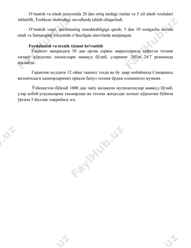 anilgan. o‘rnatish va ulash jarayonida 20 dan ortiq turdagi simlar va 5 xil ulash vositalari ishlatilib, toshkent shahridagi zavodlarda ishlab chiqariladi. o‘rnatish vaqti, qurilmaning murakkabligiga qarab, 3 dan 10 soatgacha davom etadi va samarqand viloyatida o‘tkazilgan sinovlarda aniqlangan. foydalanish va texnik xizmat ko'rsatish тошкент шаҳридаги 50 дан ортиқ сервис марказларида сифатли техник хизмат кўрсатиш хизматлари мавжуд бўлиб, уларнинг 20%и 24/7 режимида ишлайди. гарантия муддати 12 ойни ташкил этади ва бу давр мобайнида самарқанд вилоятидаги ҳамкорларимиз орқали бепул техник ёрдам олишингиз мумкин. ўзбекистон бўйлаб 1000 дан зиёд малакали мутахассислар мавжуд бўлиб, улар асбоб-ускуналарни таъмирлаш ва техник жиҳатдан хизмат кўрсатиш бўйича ўртача 5 йиллик тажрибага эга. 📌xulosa иккинчи даражали буюмлар сони камида 20 та, кўпи билан 40 та бўлиши керак. 📚foydalanilgan adabiyotlar 1. ikkinchi darajali qismlar mexanizmlar va mashinalarning ishlashida muhim rol o'ynaydi. 2. ikkinchi darajali qismlar asosiy qismlar bilan o'zaro ta'sir qilib, ularning samaradorligini oshiradi. 3. ba'zi ikkinchi darajali qismlar xavfsizlikni …