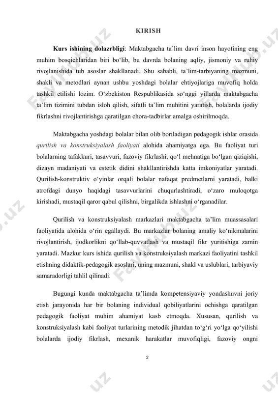 ida o‘rin egallaydi. bu markazlar bolaning amaliy ko‘nikmalarini rivojlantirish, ijodkorlikni qo‘llab-quvvatlash va mustaqil fikr yuritishiga zamin yaratadi. mazkur kurs ishida qurilish va konstruksiyalash markazi faoliyatini tashkil etishning didaktik-pedagogik asoslari, uning mazmuni, shakl va uslublari, tarbiyaviy samaradorligi tahlil qilinadi. bugungi kunda maktabgacha ta’limda kompetensiyaviy yondashuvni joriy etish jarayonida har bir bolaning individual qobiliyatlarini ochishga qaratilgan pedagogik faoliyat muhim ahamiyat kasb etmoqda. xususan, qurilish va konstruksiyalash kabi faoliyat turlarining metodik jihatdan to‘g‘ri yo‘lga qo‘yilishi bolalarda ijodiy fikrlash, mexanik harakatlar muvofiqligi, fazoviy ongni shakllantirish, mantiqiy fikrlash kabi muhim jihatlarning rivojlanishiga xizmat qiladi. yangi o‘zbekiston taraqqiyotining asosiy tamoyillaridan biri sifatida inson kapitaliga sarmoya kiritish va yosh avlodni har tomonlama yetuk etib tarbiyalash belgilangan. shu nuqtayi nazardan qaraganda, maktabgacha yoshdagi bolalarning dunyoqarashi, mehnat ko‘nikmalari, texnik ijodiyotga bo‘lgan qiziqishlarini qo‘llab-quvvatlash uchun zamonaviy qurilish-konstruktiv markazlar faoliyatini takomillashtirish dolzarb vazifalardan hisoblanadi. kurs ishining asosiy yo‘nalishi sifatida maktabgacha ta’lim muassasalarida qurilish va konstruksiyalash markazlarini tashkil etish mexanizmlari, pedagogik yondashuvlar, …