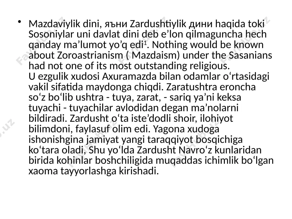 vro‘pa tillari” tushunchasini kiritdi. avestoda diniy va axloqiy falsafiy qarashlar. zaratushtraning diniy falsafasi qarama-qarshi kuchlarning kurashiga asoslangan. bu kurash xudolar o‘rtasida boshlanib, tabiatda va insonlar hayotida ham davom etadi. aholi joylashgan dunyoni zardushtiylar 7 ta tabiiy qismlarga bo‘lganlar. bu dunyoning tarixi 12 ming yil davomida rivojlanadi, deb faraz qilganlar. ular dunyo rivojini to‘rt bosqichga bo‘lib, har bir bosqich 3 ming yilni o‘z ichiga olgan. birinchi bosqich-ko‘rinmas ma’naviy dunyo; ikkinchisi-yerda odamzod hayotini boshlanishi, ya’ni gavamard (islomda odam ato) ning paydo bo‘lish davri; uchunchisi - “oltin davr”, ya’ni oriylarning tarix maydoniga chiqish davri; to‘rtinchisi - payg‘ambar zaratushtra vafotidan keyingi davr. dunyo tarixining ikkinchi bosqichida yovuzliklar ilohi axriman (islomda shayton) faoliyati boshlanadi. axriman gavamardni o‘ldiradi, ammo undan tarqalgan erkak va ayol insoniyat urug‘ini davom ettiradi. avestoga ko‘ra, oriylar gavamard farzandlaridan tashkil topgan. oriylarni avesto turlarining aslzodalari sifatida tasavvur qilish mumkin. uchunchi bosqich yima (jamshid) podsholik qilgan “oltin” davr bo‘lib, bu davrda odamlar baxtli …