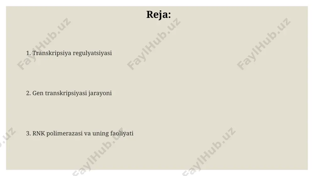 ар 300 дан ортиқ касалликларга, жумладан, митохондриал миопатия ва лей синдромига сабаб бўлиши мумкин, булар эса мускул ва нерв тизимининг бузилиши билан характерланади. рнк полимераза ферментининг 20% гача иш фаолиятининг пасайиши 50 тадан ортиқ турли хил генетик бузилишларга олиб келиши мумкин, буларнинг кўпчилиги ривожланишдаги нуқсонларга олиб келади. transkripsiya omillari транскрипция омилларининг 300 дан ортиқ тури мавжуд бўлиб, уларнинг ҳар бири днкнинг муайян жойларига боғланиб, генларнинг экспрессиясини тартибга солади. репрессорлар каби транскрипция омиллари эса днкга боғланиб, рнк полимеразанинг промотерга киришини тўсиб, ген экспрессиясини бостиради. баъзи транскрипция омиллари, масалан, активаторлар, промотерга боғланиб, рнк полимеразанинг фаоллигини 10 баравар ошириши мумкин. rnk polimerazasi va uning roli rnk polimerazasi dnkning 3' dan 5' tomoniga harakatlanib, 5' dan 3' tomonga mrnk molekulasini sintez qiladi, bu esa transkripsiyaning asosiy mexanizmini tashkil qiladi. rnk polimerazasi promotor mintaqasiga bog'lanib, transkripsiya boshlanishini boshqaradi va transkripsiya faktorlari bilan o'zaro ta'sir qilib, gen ifodasini tartibga soladi. eukaryotlarda 3 xil rnk polimerazasi mavjud …