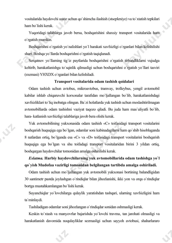 ning balandligidan 30 santimetr pastda joylashgan o`rindiqlar bilan jihozlanishi, ikki yon va orqa o`rindiqlar bortga mustahkamlangan bo`lishi kerak. suyanchiqlar yo`lovchilarga qulaylik yaratishdan tashqari, ularning xavfsizligini ham ta`minlaydi. tashiladigan odamlar soni jihozlangan o`rindiqdar sonidan oshmasligi kerak. keskin to`xtash va manyovrlar bajarishda yo`lovchi travma, tan jarohati olmasligi va harakatlanish davomida noqulayliklar sezmasligi uchun sayyoh avtobusi, shaharlararo qatnaydigan avtobus va odam tashiyotgan yuk avtomobillarida yo`lovchilar soni jihozlangan o`rindiqlar so​nidan oshmasligi kerak. harakatni boshlashdan oldin haydovchi yo`lovchilarga avtomobilga chiqish, undan tushish va unga joylashish tartibi haqida tushuntirish berishi kerak. yo`lovchilarning xavfsizligi haydovchi tashishni qanday tashkil etganligiga ham bog`liq. odam tashish uchun mo`ljallangan yuk avtomobillariga yo`lovchilarni chiqarish va tushirish, yo`l harakati xavfsizligiga asosan, transport vositasining orqa va trotuarga qaragan yon (bortlari) tomonidan tashkil etiladi. haydovchi harakatni boshlashdan oldin yo`lovchilar xavfsiz tashish sharoiti bilan ta`minlanganligiga ishonch hosil qilishi kerak. odam tashishga moslashtirilmagan yuk avtomobillarining yukxonasida faqat yukni olish uchun borayotgan yoki uni kuzatib borayotgan shaxslarning bo`lishiga …