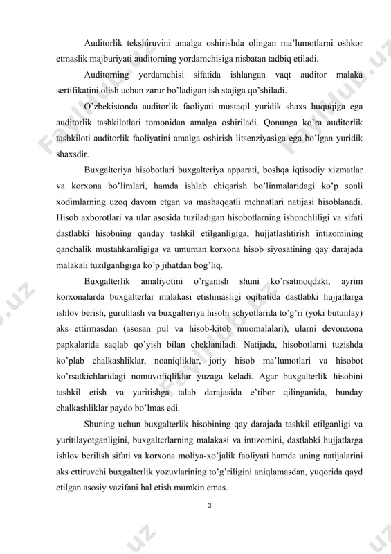 iy vazifani hal etish mumkin emas. operatsion audit bilan moliyaviy hisobot auditi o’rtasida uchta asosiy farq mavjud. buni quyidagi 1-chizmada ko’rish mumkin: 1-chizma. operatsion audit bilan moliyaviy hisobot auditi o’rtasidagi farqlar. auditorlik tekshiruvlari ishlab chiqarishni rejalashtirish va tashkil etish, korxonadagi tartib, mehnat va texnologik intizomni, tovar-moddiy zahiralarning omborlar va boshqa saqlash joylaridagi hisobi, mulklarning saqlanishi, hisob-kitoblar holati va korxona moliya-xo’jalik faoliyati hamda uning natijalariga sezilarli ta’sir ko’rsatadigan boshqa ko’plab holatlarni qamrab oladi. shuning uchun auditorlik hisobotida korxona moliya-xo’jalik faoliyati va uning natijalariga bevosita ta’sirko’rsatadigan, hamda hisob ma’lumotlari va hisobot ko’rsatkichlari ishonchliligini pasaytirishiga olib keladigan, mehnatni va ishlab chiqarishni tashkil etishdagi katta kamchiliklarni bartaraf etishga qaratilgan tavsiyalar berilishi lozim. agar audit oldiga xo’jalik tizimiga yuqori samaradorlik va mehnat unumdorligi darajasiga chiqish uchun yordam berish maqsad qilib qo’yilgan bo’lsa, ichki xo’jalik auditorlarining kuchi bilan ichki xo’jalik nazorati usullarining samaradorligini testdan o’tkazish operatsion auditning elementini tashkil qiladi. masalan, xodimlarning kvalifikatsiya darajasini tekshirish - …