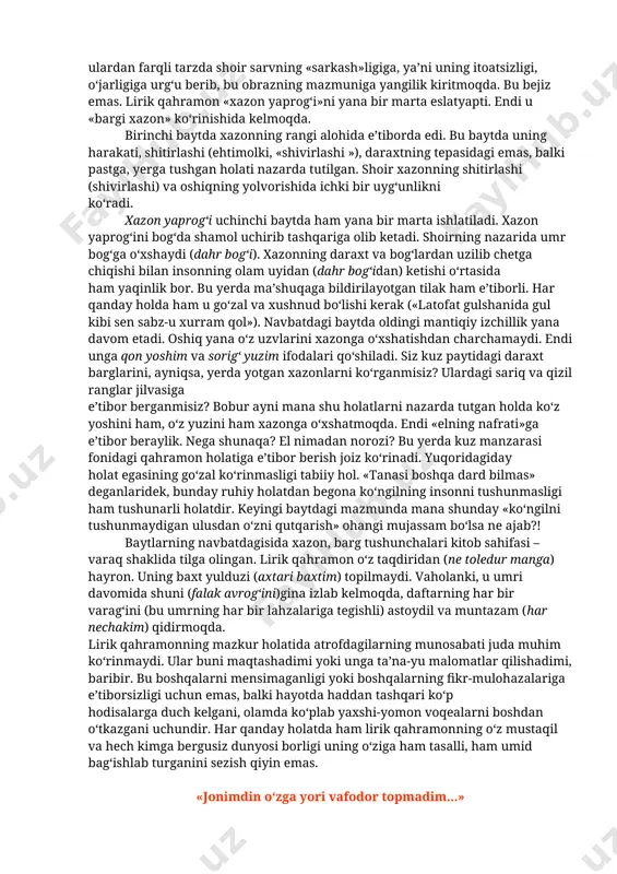 ida ta’kidlanadi. unga murojaat (ey lolarux) shu holatni yuzaga chiqaradi. bu yerda asosiy urg‘u yorni tavsiflashga emas, balki oshiqning o‘z ruhiyatini ifodalashga qaratilgani uchun ham lirik qahramon o‘z tashqi qiyofasiga e’tiborni tortadi – o‘z «chehrayi zardi – sarig‘ yuzi»ni eslatadi. bu e’tibor maxsus murojaat orqali (ko‘rub rahm aylagil) yana-da kuchaytiriladi. e’tibor berilsa, bu yerdagi ruhiy holat ifodasida sariq rang bilan bog‘liq tasvirlarning yetakchilik qilayotganini sezish mumkin. xazon – sarg‘ardim – chehrayi zardim silsilasi shu vazifani bajaradi. ularga zid tarzda esa «gul yuz» hamda lolarux ifodalari tanlangan. umumiy tarzda birinchi baytni o‘z yoridan ayrilgan lirik qahramonning hijron azoblaridan shikoyati hamda bunga yor e’tiborini qaratishga urinish tarzida baholash mumkin. dastlabki misrada gul yorning yuziga tavsif tarzida keltirilgan edi. keyingi misrada u to‘g‘ridan to‘g‘ri yorning o‘zini ifodalaydi. yor (gul) sarvga o‘xshaydi. bu yerda yorning tik va baland qomati e’tiborga olingan. odatda, mumtoz adabiyotimizda yorning yosh, tik va go‘zal qomati sarvga nisbat beriladi. biroq …