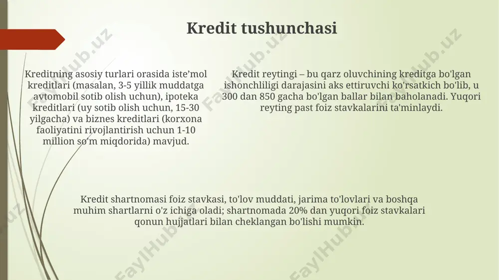 lagan ma'lumotlar, shu jumladan to'lov tarixi, qarz miqdori va kredit tarixining uzunligi kredit reytingini hisoblashda muhim rol o'ynaydi. kredit foizi kichik biznes uchun kredit foizi, odatda, shaxsiy iste'mol kreditlariga qaraganda yuqoriroq bo'ladi va 15% dan 30% gacha yetishi mumkin, bu esa yuqori xavf darajasini aks ettiradi. kredit foizi hisob-kitobida murakkab foiz hisobi qo'llanilishi mumkin, bu esa asosiy qarz miqdoriga qo'shimcha ravishda foizlar ustiga ham foizlar qo'shilishini anglatadi, natijada umumiy to'lov miqdori ortadi. kredit foizi, odatda yillik foiz stavkasi (yfs) sifatida ifodalanadi va 10% dan 25% gacha o'zgarib turishi mumkin, bu kredit miqdori, muddati va qarz oluvchining kredit tarixiga bog'liq. e'tiboringiz uchun rahmat @taqdimot_robot