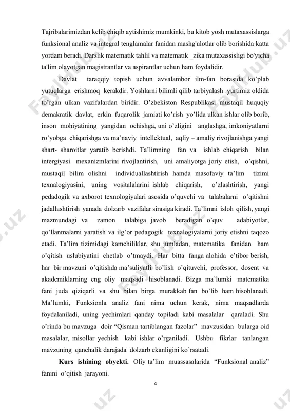 olingan nazariy bilimlarni, amaliyotda masala va misollarda tadbiq qilib va uning natijalarini tahlil qilish va tegishli xulosalar chiqarish zarur demakdir. kurs ishining tuzilishi. kurs ishi tuzilishiga ko’ra rejasi asosan 4 ga bo’linadi: i. kirish, ii. asosiy qism, iii. xulosa, iv. foydalanilgan adabiyotlar ro’yxati, hamda ilovadan iborat bo’ldi. matematika sohasidagi ta’lim sifatini oshirish va ilmiy - tadqiqotlarni rivojlantirish chora-tadbirlari to’g’risida qarori. mamlakatimizda matematika 2020- yildagi ilm – fanni rivojlantirishning ustuvor yo’nalishlaridan biri sifatida belgilandi. o’tgan davr ichida matematika ilm – fani va ta’limini yangi sifat bosqichiga olib chiqishga qaratilgan qator tizimli ishlar amalga oshirildi. birinchidan, ilg’or ilmiy markazlarda faoliyat yuritayotgan vatandosh matematik olimlarning taklif qilinishi va xalqaro ilmiy- tadqiqotlar olib borilishi uchun zarur shart- sharoit yaratildi. ikkinchidan, xalqaro fan olimpiyadalarida g’olib bo’lgan yoshlarimiz va ularning murabbiy ustozlari mehnatini rag’batlantirish tizimi joriy etildi. uchinchidan, oliy ta’lim va ilmiy- tadqiqotlarning o’zaro integratsiyalashuvini ta’minlash maqsadida talabalar shaharchasi fanlar akademiyasining b.i .romanovskiy nomidagi matematika institutining …