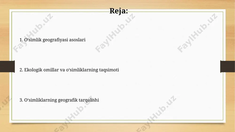 amudaryo deltasida, suvning mavjudligi tufayli, 300 dan ortiq turdagi suvsevar o'simliklar, jumladan, qamish va chigirtka, keng tarqalgan. ekologik omillar va o'simliklarning tarqalishi andijon yaqinidagi fargʻona vodiysining unumdor tuproqlari va yillik 400 mm atrofida yog'ingarchilik miqdori, boy bioxilma-xillikni ta'minlaydi, ammo shu vodiydagi baland tog'li hududlarda, 2000 metrdan yuqori balandliklarda butunlay boshqacha, sovuqqa chidamli flora kuzatiladi. qora dengiz boʻyida 1000 mm dan ortiq yogʻingarchilik miqdori bilan xarakterlanadigan hududlarda namsevar oʻsimliklar, masalan, qayin va eman oʻrmonlari keng tarqalgan boʻlsa, 300 mm dan kam yogʻingarchilik boʻlgan markaziy osiyo choʻllarida esa qurgʻoqchilikka chidamli oʻsimliklar ustunlik qiladi. biomlar va o'simlik zonalari o'simlik zonalari balandlikka bog'liq bo'lib, masalan, and tog'larida 3000 metr balandlikda alp o'tloqlari, 4000 metrdan yuqori esa muzliklar mavjud. bu vertikal zonalashuv deb ataladi. toshkent yaqinidagi o'simliklar zonasiga 200 dan ortiq o'simlik turi kiradi, bu esa turli xil iqlim sharoitlari va tuproq turiga bog'liq bo'lib, o'rta osiyo florasining xilma-xilligini namoyish etadi. tuproq va o'simliklarning o'zaro …