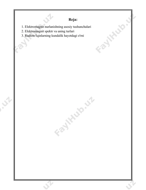 rentgen nurlari to'lqin uzunligi taxminan 0.01 dan 10 nanometrgacha bo'lgan yuqori energiyali to'lqinlar. ular tibbiy diagnostika va xavfsizlik tekshiruvlarida qo'llaniladi. **gamma nurlari**: gamma nurlari spektrning eng yuqori energiyali qismiga kiradi va to'lqin uzunligi 10 pikometrdan kam bo'lishi mumkin. ular radioaktiv parchalanish va yadro reaksiyalaridan hosil bo'ladi. elektromagnit nurlanish, ba'zi hollarda foydali bo'lsa-da, hamma turlari ham xavfsiz emas. masalan, uzoq muddatli ub nurlanish teri kasalliklariga olib kelishi mumkin, rentgen va gamma nurlari esa yuqori darajada oyog'riq yoki zarar keltirishi mumkin. shu sababli, bu nurlar bilan ishlaganda himoya vositalaridan foydalanish muhimdir. elektromagnit nurlanishning asosiy tushunchalari fizika va texnologiya sohalarida juda muhim o'rin egallaydi. bu nurlanishlarning o'rganilishi elektr, optika va boshqa ko'plab sohalarda rivojlanishga turtki beradi. inson hayotining deyarli barcha sohalarida elektromagnit nurlanishning qandaydir shakli bilan tanishishimiz mumkin: radiosignallardan tortib rentgen tekshiruvlarigacha. shu bois, elektromagnit nurlanish haqida keng bilimga ega bo'lish, uning foydali tomonlarini maksimallashtirish va zararli tomonlaridan himoyalanishni rejalashtirishda ko'mak beradi. bu …