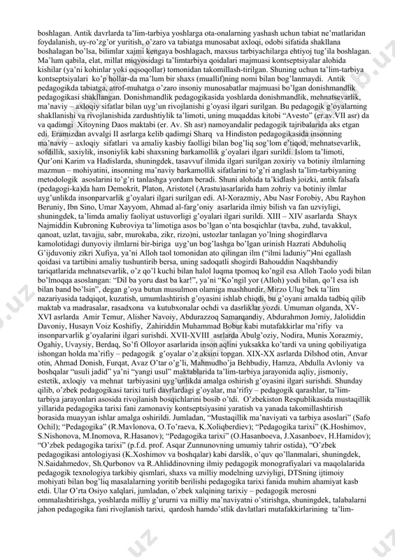 ’zlarining ijodiy pedagogik faoliyatlarida pedagogikaning bosh masalasi – tarbiya muammosi va ta’lim mazmuniga turlicha munosabat bildirib, pedagogika ta’lim-tarbiya haqidagi fan ekanligini asoslab berdilar. qomusiy olim abu nasr forobiy ta’lim va tarbiyaga birinchi marta shunday ta’rif bergan edi: “ta’lim, - degan so’z xalqlar va shaharliklar o’rtasida nazariy fazilatni birlashtirish, tarbiya esa shu xalqlar o’rtasidagi tug’ma fazilat va amaliy kasb-hunar fazilatlarini birlashtirish degan so’zdir. ta’lim faqat so’z va o’rgatish bilangina bo’ladi. tarbiya esa, amaliy ish tajriba bilan, ya’ni shu xalq, shu millatning amaliy malakalardan iborat bo’lgan ish-harakat, kasb-hunarga berilgan bo’lishni, o’rganishidir”1 ma’rifat darg’asi a.avloniy “turkiy guliston yohud axloq” asarida esa pedagogika fanini aniq va tushunarli qilib ta’riflaydi: “tarbiya «pedago’giya”, ya’ni bola tarbiyasining fani demakdur... “al-hosil, tarbiya bizlar uchun yo hayot – yo mamot, yo najot – yo halokat, yo saodat – yo falokat masalasidir...”2 yuqoridagi fikrlardan kelib chiqib,pedagogika tushunchasini tarixiy taraqqiyotiga quyidagi umumlashgan ta’rifni bersak bo’ladi: pedagogika jamiyatning ta’lim va tarbiyaga bo’lgan …