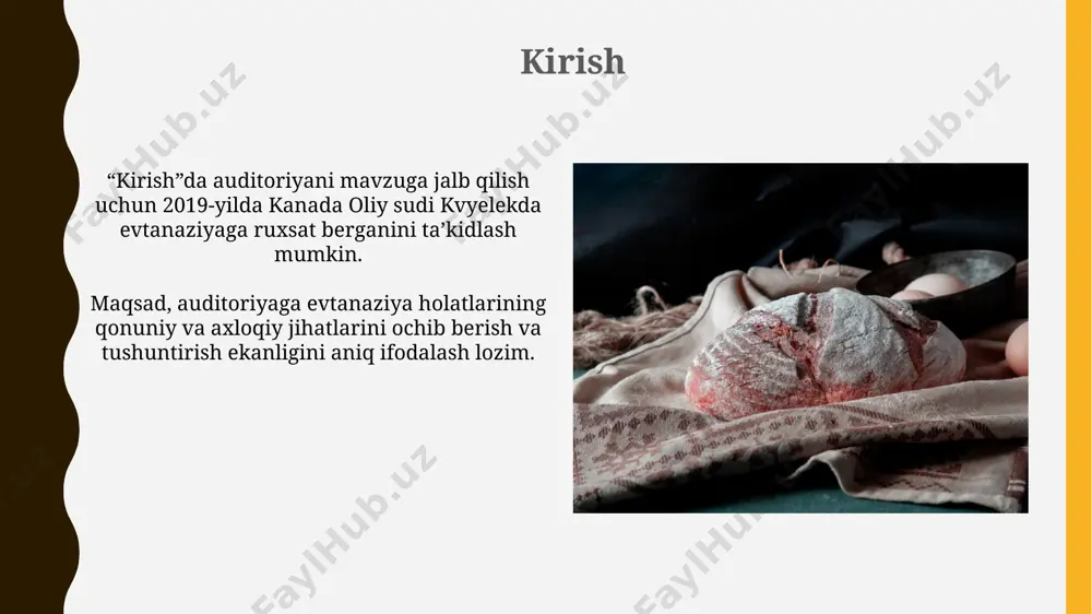 jarayoniga 65% gacha ta'sir ko'rsatib, euthanasia holatlarini murakkablashtirishi mumkin. mavzuga oid bahslar va qarama-qarshiliklar ba'zilar faol evtanaziyani inson huquqi deb hisoblaydi, o'z hayotini yakunlash erkinligi sifatida, ammo 14 ta federal qonun bu huquqni cheklaydi. dindorlar va konservatorlar ko'pincha evtanaziyaga qarshi chiqadilar, bu 10 ta asosiy diniy e'tiqodga zid va muqaddas hayot tamoyiliga ziyon yetkazadi, deb hisoblashadi. xulosa va kelajakdagi yo'nalishlar euthanaziya sohasida davlatlararo qonunchilikni muvofiqlashtirish kelajakda muhim bo'ladi, bu esa transchegaraviy tibbiy turizmning 2025-yilga borib 15% o'sishi bilan bog'liq muammolarni hal qilishi mumkin. kelajakdagi tadqiqotlar shaxsning avtonomiyasini qadrlash va engillashtirilgan o'limning mumkin bo'lgan psixologik ta'sirini baholashga qaratilishi kerak, shu jumladan 20 dan ortiq omilga e'tibor qaratish muhim. e'tiboringiz uchun rahmat image1.png image2.jpg image3.jpg image4.jpg image5.jpg image6.jpg image7.jpg image8.jpg image9.jpg image10.jpg image11.jpg image12.jpg image13.jpg
