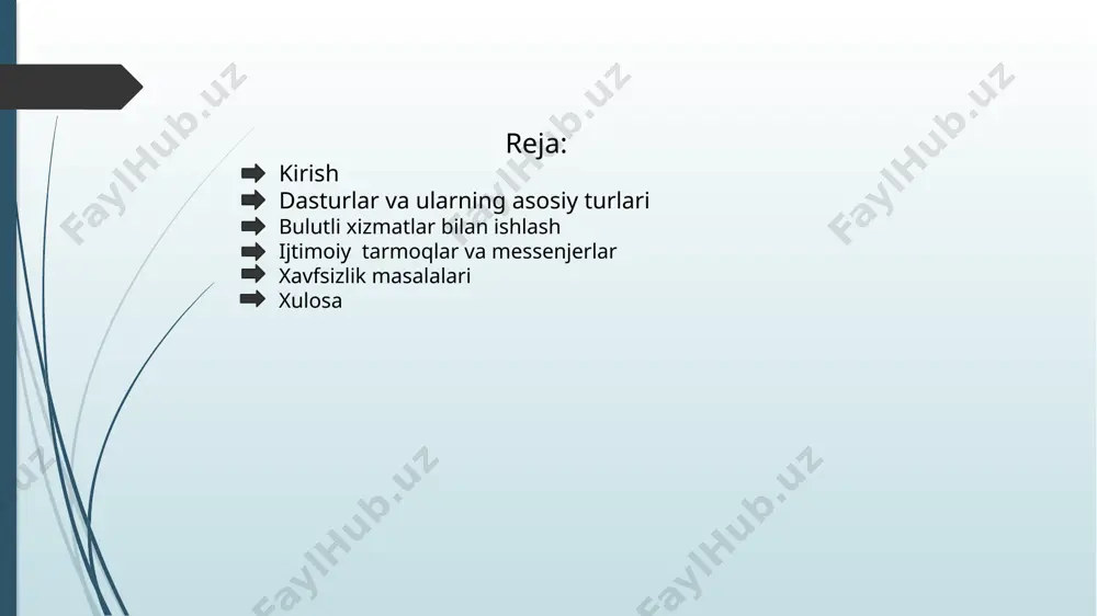 hetlar uchun yaratilgan dasturlar kundalik hayotni yanada qulaylashtiradi . masalan , ios va android operatsin tizimlarga mo’ljallangan ilovalar , o’yinlar , ijtimoiy tarmoqlar va turli xil foydali ilovalar foydalanuvchilarning ehtiyojlarini qondiradi . 9. ma’lumotlar bazasi va analiz dasturlar – bu turdagi dasturlar kata hajmdagi ma’lumotlarni saqlash , tahlil qilish va ularni foydalanuvchiga qulay tarzda taqdim etish uchun ishlatiladi . misollar sifatida sql, oracle va mongodb kabi dasturlarni keltirish mumkin. har bir dastur o’ziga hos xususiyatlarga ega va ma’lum bir ehtiyojlarni qondirish uchun mo’ljallangan . dasturlar yordamida biz kundalik ishlarni ancha soddalashtirgan va samarali qilishimiz mumkin . bulutli xizmatlar bilan ishlash bulutli texnologiyalar tushuncha , tasnif axborot texnologiyalari sohasida innovatsiyalarni jadal joriy etish davom etmoqda bulut texnologiyasi va hisob – kitoblar . bulutli xizmatlarning ommaviylik xususiyati bulut iste’molchilar soni doimiy ravishda o’sib bormoqda . bulutli texnlogiyalarni aniqlashga turli xil yondashuvlar mavjud . xalqaro elektaloqa ittifoqi va xalqaro standartlashtirish tashkiloti ( 2013 …