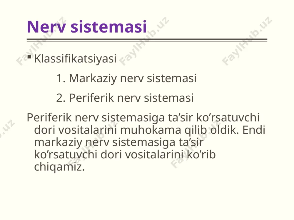 . seduksen (sibazon) yog’da eruvchanligi yuqori bo’lganligi uchun miya to’qimalarida aniqlanadi. fenazepam (nozepam) yuqori darajada anksioleptik ta’sirga ega. (eng kuchlisi). salbiy ta’sirlari ham ko’proq. tazepam mushaklar tortishganda , tendovaginit, miozitlarda qo’llaniladi. mazepam kunduzgi trankvilizator deb ataladi, chunki kunduzi qo’llansa ham mehnat faoliyati o’zgarmaydi kimyoviy tuzilishi boshqacha trankvilizatorlar meprotan – tinchlantiruvchi, mushaklarni bo’shashtiruvchi, talvasaga qarshi ta’sir ko’rsatadi. amizil- anksiolitik, tinchlantiruvchi xususiyatga ega. psixonevrozlarda qo’llaniladi. trioksazin – o’rtacha anksiolitik xususiyatga ega, kayfiyatni ko’taradi, uxlatuvchi, mushaklarni bo’shashtiruvchi ta’sirga ega. natriy bromid bromidlar asosan og’iz orqali yuboriladi. davomli qo’llanganda, bromidlar organizmda to’planib qolishi natijasida “bromizm” holati yuz beradi. davolash uchun katta miqdorda xloridlar(10-90 gr) bilan suv qo’llaniladi(3-5 litr). tinctura valyerianae valeriana nastoykasi valeriana o’q ildizidan tayyorlanadi. ayniqsa, yurak nevrozida yuqori ta’sir ko’rsatadi. tinctura leonure cardiaca arslonquyrug’ (leonuri) o’tidan tayyorlangan nastoyka markaziy nerv sistemasini tinchlantiradi. ta’siri valerianaga o’xshash. e’tiboringiz uchun tashakkur image1.png image3.wmf image4.jpeg image5.jpeg image6.jpeg image7.jpeg image8.png image9.jpeg image10.jpeg image11.jpeg image12.png image13.jpeg image14.jpeg