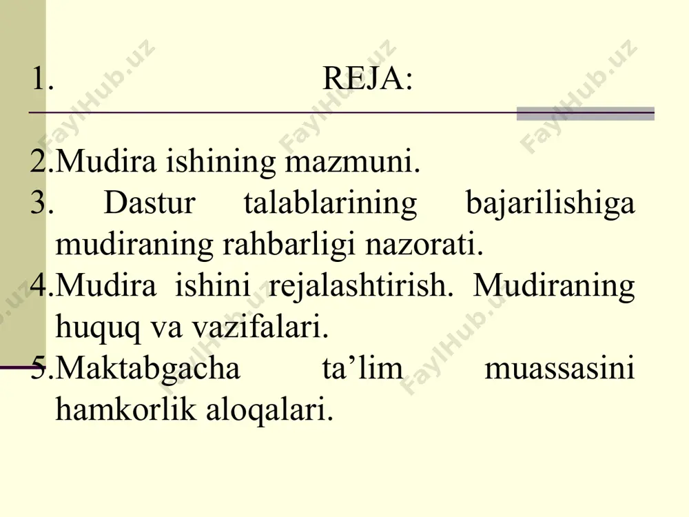 shkent shahar maktabgacha ta’limbosh boshqarmasi tomonidan tayinlanadigan mudir tomonidan amalga oshiriladi. 6 davlat maktabgacha ta’lim muassasasi mudiri bilan mehnat shartnomasi bir yil muddatga tuziladi. davlat maktabgacha ta’lim muassasasi mudiri lavozimiga qo‘yiladigan malaka talablari o‘zbekiston respublikasi maktabgacha ta’limvazirligi tomonidan belgilanadi. 7 davlat maktabgacha ta’lim muassasasi mudiri: davlat maktabgacha ta’lim muassasasi faoliyatiga umumiy rahbarlikni amalga oshiradi; bolalar hayoti va sog‘lig‘ini muhofaza qilish hamda ta’lim-tarbiya jarayonining samarali tashkil etilishini ta’minlaydi; davlat maktabgacha ta’lim muassasasi mol-mulkini o‘ziga berilgan vakolatlar doirasida tasarruf etadi; davlat maktabgacha ta’lim muassasasi nomidan faoliyat ko‘rsatadi va barcha tashkilotlarda uning manfaatlarini ifodalaydi; davlat maktabgacha ta’lim muassasasi xodimlarini mehnat to‘g‘risidagi qonun hujjatlariga muvofiq ishga qabul qiladi va ular bilan tuzilgan mehnat shartnomalarini bekor qiladi; 8 davlat maktabgacha ta’lim muassasasida ta’lim-tarbiya jarayonini takomillashtirish, maktabgacha ta’limning innovatsion shakllarini rivojlantirish maqsadida pedagogik kengash faoliyat ko‘rsatadi. pedagogik kengash a’zolarini saylash tartibi va uning vakolatiga kiradigan masalalar davlat maktabgacha ta’lim muassasasi ustavida belgilanadi. nazorat savol va topshiriqlar: …