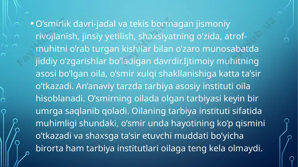, o’zining ijtimoiy va biologik rivojlanishida murakkab davr hisoblanadi. ulkan hayot yo’lining mana shu muhim bir qismida, katta yoshdagi o’smir o’z oldiga kim bo’lish, nima, qanday va nima uchun erishish kabi masalalarni hal etishga to’g’ri keladi. masalalarni qanday qo’yishni va jamiyat bilan uyg’unligi shaxsning kelajakdagi keng istiqboliga bog’langan holda, uning faolligi, barqarorligi, ma’naviy pokligi, maqsadga yo’nalganligi, betakrorligi, ijtimoiy va psixologik jihatdan mazmundorligi jamiyat uchun ham qimmatlidir. o’smirlik davrining qiyin davr bo’lishi ko’p jihatdan o’smir ruhiyatidagi o’zgarishlarni hisobga olmagan holda nizoli vaziyatlarni yuzaga keltirish sababli namoyon bo’lishi mumkin. shu sababli o’smirlik yosh davrida mavjud nizoli vaziyatlarni tahlil qilish, o’smirlik inqirozlarining yengil bartaraf etilishiga va pedagogik jarayonni samarali amalga oshirishga xizmat qiladi. bu davrda nizoli vaziyatlarning xilma-xil ko’rinishlari mavjud bo’ladi. jumladan, o’smirning o’z tengdoshlari orasida qulay mavqega erisha olmasligi, o’qituvchilar bilan o’zaro munosabatlarning maqsadga muvofiq emasligi, oilaviy munosabatlardagi tushunmovchiliklar va hokazo. bugungi kunning dolzarb muammolaridan biri ta’lim jarayonida o’smirlar o’rtasidagi shaxslararo nizolar, …