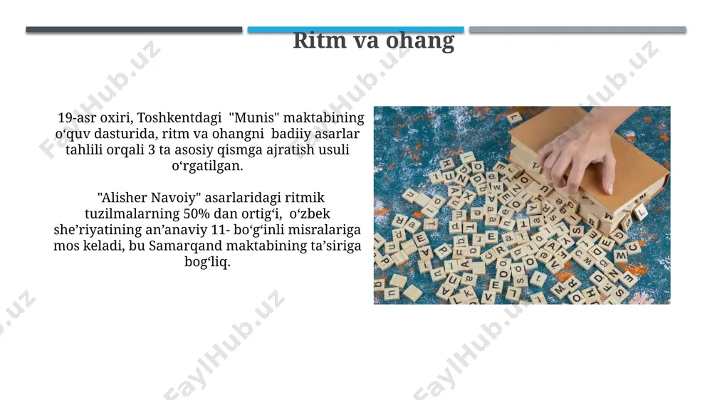 n foydalanib, obrazlilik va majozlarning yuqori darajasini namoyon qiladi. g'oya va mavzuning ifodalanishi 19-asr oxiri – 20-asr boshlarida buxoro va xiva shaharlarida ijod qilgan yozuvchilarning asarlarida g'oya va mavzu 20 dan ortiq turli adabiy uslublar orqali ifodalangan. adabiy tilning boy imkoniyatlari orqali g'oya va mavzu 500 dan ziyod so'z va iboralar, jumladan, metaforalar, epitetlar va boshqa stilistik vositalar yordamida toshkentdagi zamonaviy adabiyotda ifodalanadi. metafora va allegoriya allegoriya esa, butun bir voqea yoki hikoya orqali, masalan, 18-asr fransuz inqilobi haqidagi roman orqali, 2 ta asosiy g'oya, xususan, zulm va ozodlik tushunchalarini ifodalaydi. "hayot – bu yo'l" degan metafora 1 ta ma'no – hayotning davomiyligini ifodalasa, allegorik hikoyalarda, masalan, "don kixot" romanidagi 3 ta bobda turli xil obrazlar orqali 10 dan ortiq yashirin ma'nolarni topish mumkin. e'tiboringiz uchun rahmat @taqdimot_robot image1.jpg image2.jpg image3.jpg image4.jpg image5.jpg image6.jpg image7.jpg image8.jpg image9.jpg image10.jpg image11.jpg image12.jpg