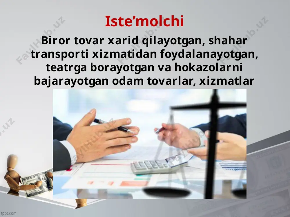 nasi; — ishlab chiqaruvchining kafillik majburiyatlari; — xizmat qilish (yaroqlilik) muddati; — saqlash usuli hamda qoidalari; — ta’mirlash-tuzatish ishlarini bajaradigan va texnikaviy xizmat ko‘rsatadigan korxonalarning manzillari. tovarlar haqidagi ma’lumotlarda quyidagilar ko‘rsatiladi: sotuvchi — oldi-sotdi shartnomasi bo‘yicha iste’molchiga tovar realizatsiya qiladigan korxona, tashkilot, muassasa yoki xususiy tadbirkor. tovar sertifikatlanganligi to‘g‘risidagi axborotni olish huquqi «mahsulotlar va xizmatlarni sertifikatlashtirish to‘g‘risida»gi qonunga muvofiq iste’molchi uchun mo‘ljallangan barcha mahsulotlar baholanishi va mahsulotning belgilangan talablarga muvofiqligi tasdiqlangan taqdirda maxsus hujjat — muvofiqlik sertifikati berilishi kerak. ishlab chiqaruvchi — iste’molchiga realizatsiya qilish uchun tovar ishlab chiqaradigan korxona, tashkilot, muassasa yoki xususiy tadbirkor. «muvofiqlik sertifikati» — sertifikatlangan mahsulotning belgilangan talablarga muvofiqligini tasdiqlaydigan hujjat. xarid qilingan tovarni almashtirish yoki qaytarish huquqi past sifatli yoki nuqsonli tovar sotilgan taqdirda, iste’molchi o‘z xohishiga qarab quyidagilardan birini talab qitishga haqli: - tovarni ayni shunday rusumli (modelli, artikulli) maqbul sifatli tovarga almashtirib berish; - tovarni boshqa rusumdagi (modelli, artikulli) ana shunday tovarga almashtirib, …
