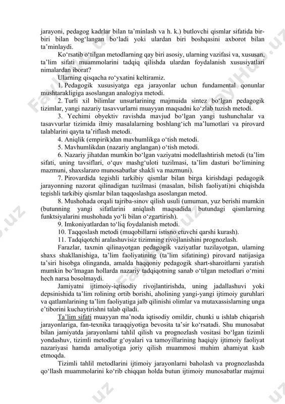 gan dasturiy-maqsadli yondashuv ta’limni prognoz tadqiq qilishga eng samarali yondashuvlardan biri hisoblanadi. ta’lim tizimi ko‘p shaklli, o‘zaro bog‘langan funktsiyalarni amalga oshiruvchi va atrof-muhit bilan muayyan o‘zaro munosabatda bo‘lgan, o‘ziga xos rivojlanish kuchlariga ega murakkab dinamik, o‘zini o‘zi boshqaruvchi, ko‘p darajali yaxlit tizimdir. bunday murakkab tizimni prognozlashda tadqiq qilinayotgan obyektni kompleks idrok etish farqli xususiyati bo‘lgan prognoz shakllarini qo‘llash alohida ahamiyat kasb etadi. ular ta’limni tadqiq qilishda tizimli tahlilning barcha talablaridan foydalanish, elementlar ierarxiyasini va ularning bir-biriga teng bo‘ysunish sxemasini aniqlash, funktsional aloqalarini ko‘rib chiqish imkonini beradi. dasturiy-maqsadli rejalashtirish (yoki yondashuv) fundamental fanda ko‘plab keng ko‘lamdagi muammolarni ishlab chiqishda hamda umumdavlat ahamiyatiga molik ilmiy-amaliy jarayonlarni amalga oshirishda o‘zini oqladi. kadrlar tayyorlash milliy modeli va dasturini ishlab chiqishda undan foydalanilganligi bunga yorqin misol bo‘la oladi. ammo shuni ta’kidlash kerakki, pedagogik jarayon juda murakkab bo‘lganligi va qator muhim xususiyatlariga ko‘ra shakllantirishga va o‘lchashga bo‘ysunmasligi bois pedagogika fani va amaliyotida dasturiy-maqsadli rejalashtirishni qo‘llash murakkablashadi. …