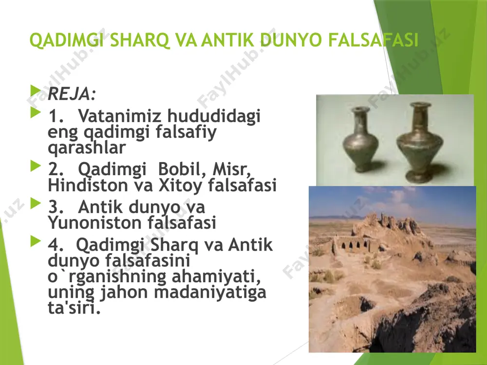 ar va hayvonot dunyosi haqida qimmatli ma'lumotlar bеrilgan. «avеsto»da odamlarni mеhr- oqibatli, iymonli bo`lishga, tanani pokiza tutishga, yomon niyat, yomon so`z, yomon ishlardan tiyilishga da'vat etadigan axloqiy qoidalar va falsafiy `oyalar nihoyatda ko`p. zardushtiylik dinining markaziy osiyo mintaqasida paydo bo`lishi jahon ma'naviy madaniyati rivojida muhim bir bosqich bo`ldi. uning `oyalari ta'siri ostida hozirgi jahon dinlari shakllanadi. miloddan avvalgi so`ngi asrlarda hamda eramizning i-ii asrlarida manixеylik harakati va ta'limoti vujudga kеlgan. uning asoschisi asli iroqlik diniy faoliyatini markaziy osiyoda davom eetirgan moniydir. (216-277). moniy zardushtiylik, yahudiylik va xristianlik dinlarini qorishmasidan iborat yagona din yaratish uchun harakat qildi. uning ta'limotiga ko`ra, borliq ikki substantsiyaga ega. birinchisi yoru`lik, yaxshilik va ruh olamidan iborat bo`lib, uning asoschisi xudodir. ikkinchisi yovuzlik, zulmat va matеriya (moddiy olam) bo`lib, unga shayton rahnamo bo`ladi sharqning o`ziga xosligi unga mansub madaniy taraqqiyot jahon sivilizatsiyasining bеshigi dunyo xalqlari rivojiga qo`shilgan munosib hissa ekani hеch kimga sir emas. bu hol jahonning …
