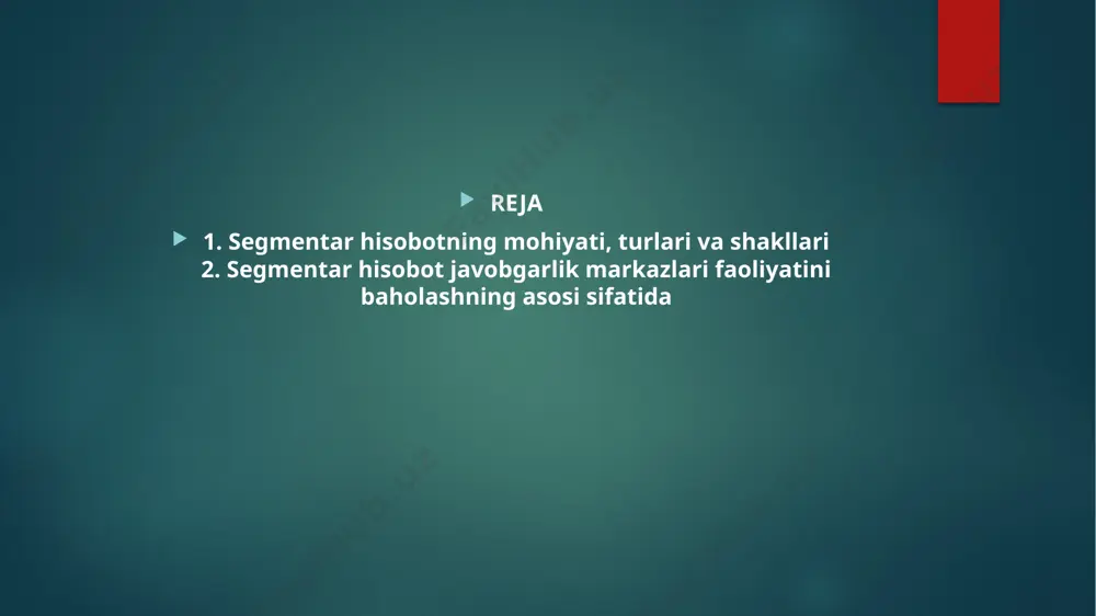 chiqaruvchi xo’jalik bo’linma­lari o’zaro bog’liq bo’ladi: ularning tavsifla-nishida; ishlab chiqarish ja-rayonlari tavsifida; mijozlar turi va tavsifida; segmentning asosiy faoliyati natijasida paydo bo’lgan xarajatlar va daromadlarni taqsimlash usullarida; muayyan faoliyat turlari uchun tartibga soluvchi muhit talablarida (masalan, soliqlar, banklar va sug’urtada). bir nechta mamlakatlardagi guruh, alohida mamlakat, mamlakat ichidagi mintaqada joylashgan segmentlar quyidagi belgilarga ko’ra geografik segment hisoblanadi: o’xshash iqtisodiy va siyosiy shart-sharoitlar; amalga oshiriladigan muomalalarning o’xshashligi; mazkur geografik hududdagi muomalalar bilan bog’liq favqulodda risklar kutilayotganda; valyuta nazoratining alohida qoidalari amal qilganda; valyuta muomalalaridan kutilayotgan risklar mavjud bo’lganda. 2016 yil 13-aprelda tasdiqlangan “buxgalteriya hisobi to’g’risida (yangi tahrirda)”gi qonunning 11-moddasida ta’kidlangandek6 “buxgalteriya hisobi subyektining rahbari: hisob siyosati, ichki hisob va hisobot tizimi ishlab chiqilishini; ichki nazorat tartibini; buxgalteriya hisobi to’liq va ishonchli yuritilishini; hisob hujjatlarining but saqlanishini; moliyaviy hisobotning tayyorlanishini; soliq hisobotining va boshqa moliyaviy hujjatlarning tayyorlanishini; hisob-kitoblar o’z vaqtida amalga oshirilishini ta’minlashi shart” tashqi iste’molchilar uchun segmentlar bo’yicha moliyaviy hisobotni tuzish …