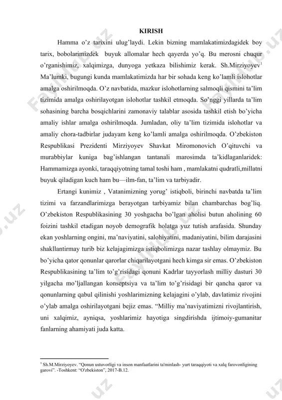 iz. bu bo’yicha qator qonunlar qarorlar chiqarilayotgani hech kimga sir emas. o’zbekiston respublikasining ta’lim to’g’risidagi qonuni kadrlar tayyorlash milliy dasturi 30 yilgacha mo’ljallangan konseptsiya va ta’lim to’g’risidagi bir qancha qaror va qonunlarning qabul qilinishi yoshlarimizning kelajagini o’ylab, davlatimiz rivojini o’ylab amalga oshirilayotgani bejiz emas. “milliy ma’naviyatimizni rivojlantirish, uni xalqimiz, ayniqsa, yoshlarimiz hayotiga singdirishda ijtimoiy-gumanitar fanlarning ahamiyati juda katta. biz yoshlarimizni tarixdan saboq olish, xulosa chiqarishga o’rgatishimiz, ularni tarix ilmi, tarixiy tafakkur bilan qurollantirishimiz zarur. buning uchun, avvalo, o’zbekistonda tarix fanini 2030-yilgacha rivojlantirish konsepsiyasini ishlab chiqishimiz vaqti-soati keldi, deb o’ylayman. tarix institutini bu fanni rivojlantirish bo’yicha tayanch ilmiy muassasa etib belgilash kerak”, — dedi prezident. tarixiy tadqiqotda umumiy fan uslublarining ahamiyati mavzusi bugungi kunda ham o’z dolzarbligini yo’qotmagan. tarix fanining rivoji, yangi ilmiy kashfiyotlar va texnologiyalarning paydo bo’lishi tarixiy tadqiqotlarga yangicha yondashuvlarni talab etmoqda. bu esa o’z navbatida, tarixiy tadqiqotlarda qo’llaniladigan umumiy fan uslublarining ahamiyatini yanada oshirmoqda. mazkur mavzu tarix fanining …