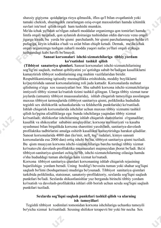 dek, ko'p sonli interoreseptorlarga zarar yetkazish yo'li bilan reflektor ta'sir qilishi mumkin. bunda organizm ancha og'ir zaharlanadi, chunki nafas a'zolari orqali surilgan zaharli birikma jigar to'sig'idan o'tmay, katta qon aylanish doirasiga o'zgarmagan holda tushib, a'zolarga tarqaladi. bundan tashqari, tashqi muxit haroratining oshishi bilan gaz holidagi zaharli birikmalarning fizikaviy-kimyoviy xossalari jadallashadi, ayni paytda organizmdagi fiziologik o'zgarishlar ham, (moddalar almashinuvi, yurak-tomir sistemasi, ajratuv a'zolari faoliyati va boshqalar) jadal kechadi. shuning uchun ham havoda zaharli birikmalarni me'yoridan oshirmaslik, ishchilarni esa zahar o'tkazmaydigan shaxsiy ximoya vositalari bilan ta'minlash katta ahamiyatga ega. zaharli birikmalar kishi organizmiga me'da-ichak yo'lidan ham tushadi. nafas olganda havo bilan tushadigan dispers- zaharli moddalarning bir qismi ovqat hazm qilish a'zolari orqali tushadi. bundan tashqari, zaharli moddalar bilan ishlaganda shaxsiy gigiyena qoidalariga rioya qilmaslik, iflos qo'l bilan ovqatlanish yoki tamaki chekish, shuningdek zararlangan oziq-ovqat maxsulotlari hamda ichimlik suvlari iste'mol qilish orqali ham tushishi mumkin. me'da-ichak yo'lidan so'rilgan zaharli moddalar organizmga qon tomirlari …