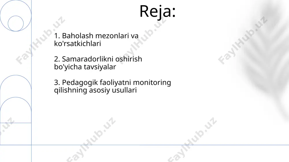 arqanddagi 10 ta maktabda o'tkazilgan sinov natijalari taqqoslash orqali samaradorlikni aniqlashga yordam beradi. 5. monitoring va baholashning maqsadlari va vazifalari pedagogik faoliyatni monitoring qilish va baholashning vazifalaridan biri, toshkent shahridagi 3 ta litseyda o‘qituvchilarning 5 ta asosiy ko‘rsatkich bo‘yicha malakasini oshirish va o‘quv rejalariga 2 ta yangi innovatsion uslubni joriy etishni ta’minlashdan iborat. monitoring va baholashning asosiy maqsadlaridan biri – 2023-yil uchun samarqand viloyatidagi 5 ta maktabda o‘quv jarayonining samaradorligini aniqlash va 10% ga yaxshilash uchun ta’lim sifatini kuzatish va o‘lchashdir. 6. pedagogik faoliyatni monitoring qilishning ahamiyati xorij tajribasi shuni ko'rsatadiki, muntazam monitoring natijalari (masalan, 70% talabalarning o'zlashtirish darajasi) andijon tumanidagi maktablarda o'qituvchilarning malakasini oshirish va o'quv rejalari samaradorligini oshirishga yordam beradi. pedagogik faoliyat monitoringi o'qituvchilarning 50% dan ortig'i samarqand viloyatida o'quv dasturlarining samaradorligini aniqlash va o'qitish uslublarini 20% ga yaxshilash imkonini beradi. 7. pedagogik faoliyatni takomillashtirish bo'yicha tavsiyalar andijon viloyatining 2 ta qishloq maktabida o'tkazilgan kuzatuvlar natijasida, o'qituvchilarning 85% …
