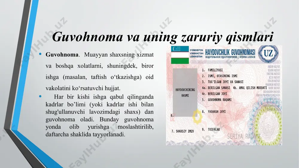 ida chiqariladigan huquqiy hujjat. muassasa, korxona, tashkilot, yuridik shaxslar va boshqalar (ularning bo‘linmalari, xizmatlari), mansabdor shaxs va fuqarolarning tashkiliy, ilmiy-texnikaviy, moliyaviy va boshqa faoliyat tomonlari xususida tartib-qoida o‘rnatish maqsadida davlat yoki jamoat boshqaruv organlari tomonidan chiqariladi (yoki ularning rahbarlari tasdiqlaydi). nizom-ustav nizom –ustav. tashkilot yoki uning tarkibiy boiinmalari, kichik yoki qo‘shma korxona va shu kabilarning tuzilishi, huquqi, vazifalari, burchlari, ishni tashkil qilish tartibini belgilaydigan huquqiy hujjat. nizom ayrim mansabdor shaxslarga va turli tadbirlar (ko‘rik, musobaqa, tanlov va boshqalar)ga nisbatan ham tuzilishi mumkin. ko‘pincha nizom muassasalar ta’sis etilishi yoki tashkil topishi paytida tuziladi va yuqori tashkilotlar farmoyishi bilan (yoki tegishli hokimiyat tomonidan) tasdiqlanadi. muassasaning tarkibiy qismlari ularning rahbarlari tomonidan tuziladi va muassasa rahbari farmoyishi bilan yoki tasdiqlash ustxatini qo‘yish bilan kuchga kiradi. muvaqqat komissiyalar, guruhlar va shu kabilarning huquqiy maqomlari ham nizom bilan belgilanadi. shartnoma shartnoma. ikki yoki undan ortiq tomonlarning fuqarolik huquqlari va majburiyatlarini belgilash, o‘zgartirish yoki bekor qilish haqidagi …