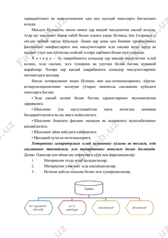 irasiga xos jihatlarni tug'ma deb atashadi. to'g'ri, oliy nerv tizimi, uning o'ziga xos ishlash xususiyatlari xotiraning o'ziga xos individual uslubini belgilashi mumkin. lekin hayotda ko'pincha shaxsning bilish jarayonlari va sezgi organlarining ishlash qobiliyatlariga bog'liq tarzda ajralib turadigan tiplari haqida gapirishadi. masalan, ayrim odamlar ko'rgan narsalarini juda yaxshi eslab qoladi, demak, ularning xotirasi ko'rgazmali — obrazli bo'lib, ko'zi bilan ko'rmaguncha, narsaning mohiyatini tushunmaydi ham. boshqalar esa o'zicha fikrlab, nomini aytib, mavhum tarzda tasavvur qilmaguncha, eslab qolishi qiyin bo'ladi. bundaylar so'z — mantiqiy xotira tipi vakillaridar. yana bir tipli odamlar bevosita his qilgan, «yuragidan» o'tkazgan, unda biror yorqin emotsional obraz qoldirolgan narsalarni yaxshi eslab qoladilar, bu — emotsional xotiradir. lekin yana bir xotira egalari borki, ularni fenomenal xotira sohiblari deb atashadi. psixologiyaga oid kitoblarda ana shunday xotiraga ega bo'lgan kishilar to'g'risida ko'p yozilgan. bu shunday kishilarki, ular bir vaqtning o'zida nisbatan juda katta hajmdagi ma'lumotlarni esda saqlay oladi va esga tushiradi. masalan, …