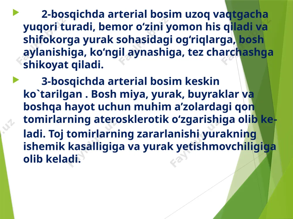 rak. ab birdaniga me’yorgacha pasaytirish mumkin emas, chunki miyada ikkilamchi ishemiya holati kelib chiqadi. nishon organlari (miyada-insult, o‘pkada-shish, yurak- da-infarkt) jarohatlanganda ab birinehi soatlarda 20-25% ko‘tarilganiga nisbatan sekinlik bilan pasaytiriiadi. gipotenziv intensiv terapiya arterial bosimning doimiy nazorati ostida amalga oshiriladi. quyidagi dori mod- dalaridan biri gk i turida qollanilishi mumkin: droperidol 0,25% - 2-4 ml, tomir ichiga sekinlik bilan; diazepam 2-3 mi mushak orasiga yoki tomir ichiga; taxi ben 10-50 mg tomir ichiga tomchilab,boshlanishida 2mg/ minutiga ab nazorati ostida yuboriladi; natriy nitroprussid vena ichiga tomchilab 0, 25-10 mkg/kg/ minut; nitroglifserin 50-100 mg/ minut vena ichiga tomchilab sekinlik bilan. gk ning ii turida kompleks davo choralari oikaziladi; taxiben 10-50 mg tomir ichiga sekinlik bilan ab nazorati ostida; furosemid 40- 180 mg tomir ichiga; propranolol (anaprilin) 40 mg; mnt jarohatlaganda (ensefalopatiya, insult). nitroprussid (agar dia­stolik bosim 130 mm.sim.ust. dan yuqori bolsa) yoki taxiben, qo‘shim- cha furosemid. ayrim hollarda magniy sulfat, bidop(bisoprolol)5-10 mg …