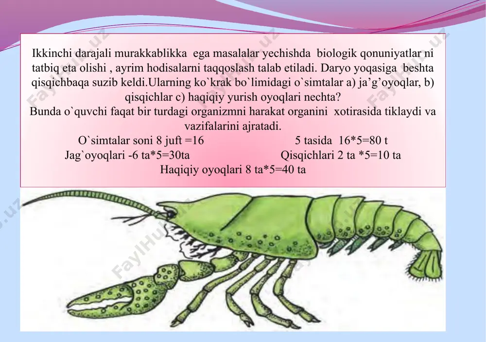 aa-normal 5 asalari qanoti aa-osilgan aa-osilgan aa-normal 6 odam sog`ligi aa-talassemiya aa-yashovchan aa-normal 7 odam sog`ligi aa-o`roqsimon anemiya aa- yashovchan aa- normal arilarda qanotini osilib qolgan holatda bo`lishini belgiiaydigan gen faqat geterozigota holatda(aa) namoyon bo`lib , gomozigota holatda(aa)bo ’ladigan organizm nobud b o ’lishiga olib keladi. arilarni erkaklari urug`lanmagan tuxumlardan rivojlanib, gomozigotali(aa) bo’ladi. a. o silgan qanotga ega bo’lgan arilarni, normal trutenlar bilan chatishirilganda qanday avlod olish mumkinligini aniqlang. bu masala shartida ko`rinib turibdiki,jinslar hisobga olinadi trutenlar xo xromosomaga, ur`g`ochilari xx xromosomaga ega. fenotip genotip p ♂ xoaa x ♀xxaa osilgan xxaa ; xoaa osilgan xxaa ; xoaa normal xxaa ; xo aa ♂ ♀ xa xa oa oa xa xxaa ♀ osilgan letal xxaa ♀ osilgan xoaa ♂ osiganl letal xoaa ♂ osilgan xa xxaa ♀ osilgan xxaa ♀ normal xoaa ♂ osilgan xoaa ♂ normal 4.talassemiya(gemoglobinni normal sintezlanishi buzilishi bilan xarakterlanib, turli o’zgarishlarga sababchi bo’ladi, gomozigota organizmlar 90-95 …