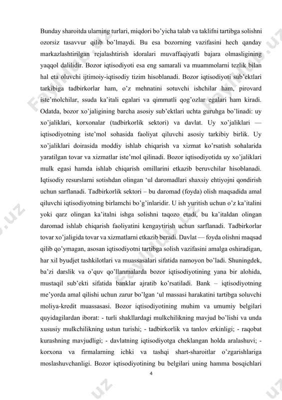 rz olingan ka’italni ishga solishni taqozo etadi, bu ka’italdan olingan daromad ishlab chiqarish faoliyatini kengaytirish uchun sarflanadi. tadbirkorlar tovar xo’jaligida tovar va xizmatlarni etkazib beradi. davlat — foyda olishni maqsad qilib qo’ymagan, asosan iqtisodiyotni tartibga solish vazifasini amalga oshiradigan, har xil byudjet tashkilotlari va muassasalari sifatida namoyon bo’ladi. shuningdek, ba’zi darslik va o’quv qo’llanmalarda bozor iqtisodiyotining yana bir alohida, mustaqil sub’ekti sifatida banklar ajratib ko’rsatiladi. bank – iqtisodiyotning me’yorda amal qilishi uchun zarur bo’lgan ‘ul massasi harakatini tartibga soluvchi moliya-kredit muassasasi. bozor iqtisodiyotining muhim va umumiy belgilari quyidagilardan iborat: - turli shakllardagi mulkchilikning mavjud bo’lishi va unda xususiy mulkchilikning ustun turishi; - tadbirkorlik va tanlov erkinligi; - raqobat kurashning mavjudligi; - davlatning iqtisodiyotga cheklangan holda aralashuvi; - korxona va firmalarning ichki va tashqi shart-sharoitlar o’zgarishlariga moslashuvchanligi. bozor iqtisodiyotining bu belgilari uning hamma bosqichlari uchun umumiydir. lekin bozor iqtisodiyotining mazmuni va belgilari haqida gap borganda bu iqtisodiyotning tarixda tarkib to’gan ikki …