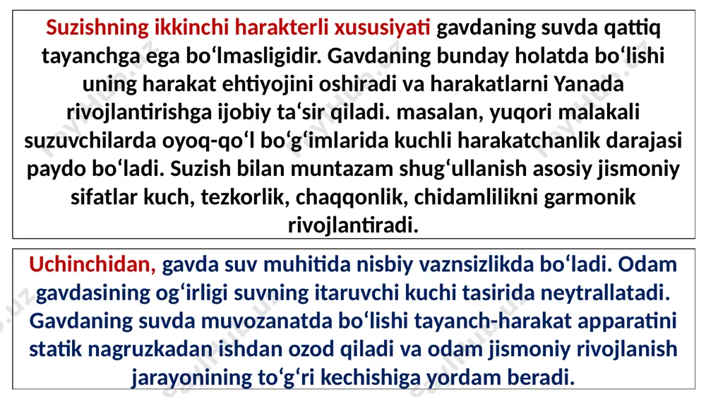 i 8 gektar keladigan ko‘l bunyod etildi. ko‘lda asosiy baza hisoblangan «dinamo» va «spartak» suzuvchilar stansiyasi tashkil etildi. bu bazada, keyinchalik, respublikamizning dastlabki murabbiylari–a.k.smirnov (o‘zbekistonda xizmat ko‘rsatgan murabbiy), v.t.bondarenko (xizmat ko‘rsat-gan murabbiy), n.t.shuljenko, v.i.mixaylov va boshqalar yetishib chiqdi. ular ko‘plab yoshlarga ustozlik qilib, mohir suzuvchi sportchilarni tayyorladilar. 1939-yilda o‘zbekistonda suvda suzish bo‘yicha respublika federatsiyasi tuzildi. a.k.smirnov unga rais qilib tayinlandi. 1948-yilda qozog‘iston va o‘rta osiyo respublikalari jamoalari o‘rtasida suzish bo‘yicha musobaqa bo‘lib o‘tdi. 1949–1955-yillar mobaynida andijon, namangan va qo‘qon shaharlarida 25 m li ochiq basseynlar qurib, ishga tushirildi va ular qoshida suzish bo‘yicha bolalar va o‘smirlar sport maktabi (bo‘sm) ochildi. 1954-yil yuriy frolov 200 m ga batterflay usulida (2.32.6) natijaga erishib, sobiq ittifoq chempioni va rekordchisi degan unvonga sazovor bo‘ldi. 1960-yil toshkentda o‘zbekiston davlat jismoniy tarbiya inistituti qoshida suvi isitiladigan 25x12 m li ochiq basseyn, 1962-yil «mehnat rezervlari» klubiga qarashli ko‘ngilli sport jamiyati (dso) qoshida 25x12 m li yopiq basseyn, …