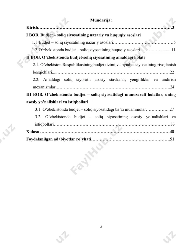 mtiyozlar kengaytirildi hamda raqamli soliq tizimi joriy etildi. mavzuning o‘rganilganlik darajasi: budjet – soliq siyosati masalalari dunyo miqyosida ko‘plab iqtisodchilar tomonidan keng o‘rganilgan. xususan, j. m. keynes, a. laffer, p. samuelson kabi olimlar davlat budjetining iqtisodiyotga ta’siri va soliq siyosatining samaradorligi bo‘yicha muhim ilmiy ishlarga asos solishgan. xalqaro tashkilotlar, jumladan, jahon banki (wb), xalqaro valyuta jamg‘armasi (imf), iqtisodiy hamkorlik va taraqqiyot tashkiloti (oecd) ham budjet – soliq siyosatining turli jihatlari, jumladan, soliq ma’muriyatchiligi va fiskal barqarorlikni ta’minlash bo‘yicha tadqiqotlar olib boradi. o‘zbekiston sharoitida budjet – soliq siyosati bo‘yicha prezident farmonlari va qarorlari, o‘zbekiston respublikasi moliya vazirligi va davlat soliq qo‘mitasining rasmiy hisobotlari asosiy manba hisoblanadi. shuningdek, mahalliy iqtisodchilar – sh. xodjayev, u. ro‘ziyev, n. tashmatov va boshqa olimlar tomonidan o‘zbekiston budjet – soliq tizimining o‘ziga xos jihatlari tahlil qilingan. kurs ishining maqsadi va vazifalari: ushbu kurs ishida o‘zbekiston respublikasida budjet – soliq siyosatining o‘ziga xos xususiyatlari va asosiy yo‘nalishlari o‘rganilib, …