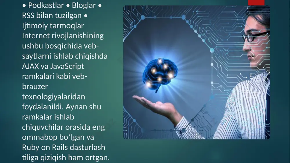 imoiy hayotda foydalanish datchiklardan joylashuv va boshqa maʼlumotlardan foydalangan holda joylashuvni aniqlash xizmatlari va xizmatlari, shuningdek, kraudsorsing (koʻpincha, lekin har doim ham joylashuv maʼlumotlariga asoslanmaydi) hamma joyda keng tarqalgan: joylashuv yorligʻi bilan ishlaydigan xabarlar, veb-saytlar va xizmatlar mavjud. mobil qurilmalar uchun moʻljallangan saytlar („m.website.com“ kabi manzillar bilan) odatiy holga aylangan va yangi qurilmalardan foydalanish uchun maxsus yaratilgan. netbuklar, ultrabuklar, hamma joyda mavjud 4g, wi-fi va mobil chiplar soʻnggi ish stoli kompyuterlari quvvatiga yaqin va sezilarli darajada kam quvvat sarfi bilan ishlaydigan mobil chiplar internet rivojlanishining ushbu bosqichida asosiy omillar boʻldi. " ilova " tushunchasi ham paydo boʻldi (inglizcha: app), bu „ilova dasturi“ ning qisqartmasi (inglizcha: application program) va ilovalar doʻkonlari. image6.jpeg image7.jpeg image8.jpeg image9.jpeg image10.jpeg image11.jpeg image12.jpeg image13.gif image2.png image3.png image4.png image5.png