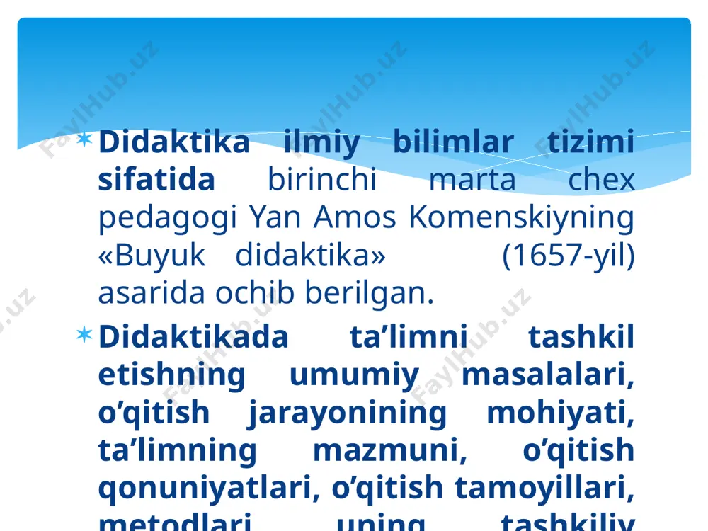 ri surilgan. bu pedagogik qarashlar mashhur “avesto” (er. av. vii asr) asarida va qadimgi xitoyning daos maktabi (er. av. iii asr) tajribalarida aks etgan edi. eramizdan avvalgi ii asrlarga kelib o’rta osiyo, qadimgi hindiston pedagogikasida saxiylik, sofdillik, inson qalbi kabi tushunchalar ilgari surildi. 610 yillarga kelib, islom dinining muqaddas kitoblari “qur’oni karim”, “hadisi sharif” da inson mohiyati to’la ochib berilib, komil inson tarbiyasi bosh maqsad qilib qo’yilgan edi. qur’oni karimdagi ta’lim – tarbiyaga oid ulug’ xazina al – buxoriy hazratlarining hadislarida beriladi. ta’lim – tarbiya insoniy munosabatlarning falsafiy asoslari tasavvuf ilmida ochib berila boshladi. antik falsafada ham zohiriy va botiniy ilmlar uyg’un qaralar edi. demokrit, pluton, arastu asarlarida insonparvarlik g’oyalari ilgari surilgan edi. al – farobiy, abu rayhon beruniy, ibn sino asarlarida ong va fan uzviyligi ilgari surildi. al – xorazmiy, umar xayyom, ahmad farg’oniy ta’limda amaliy faoliyat ustivorligi g’oyasini ilgari surishdi. xiii-xiv asrlarda abdulholiq g’ijduvoniy, bahouddin naqshbandiy hazratlarining ulug’ …