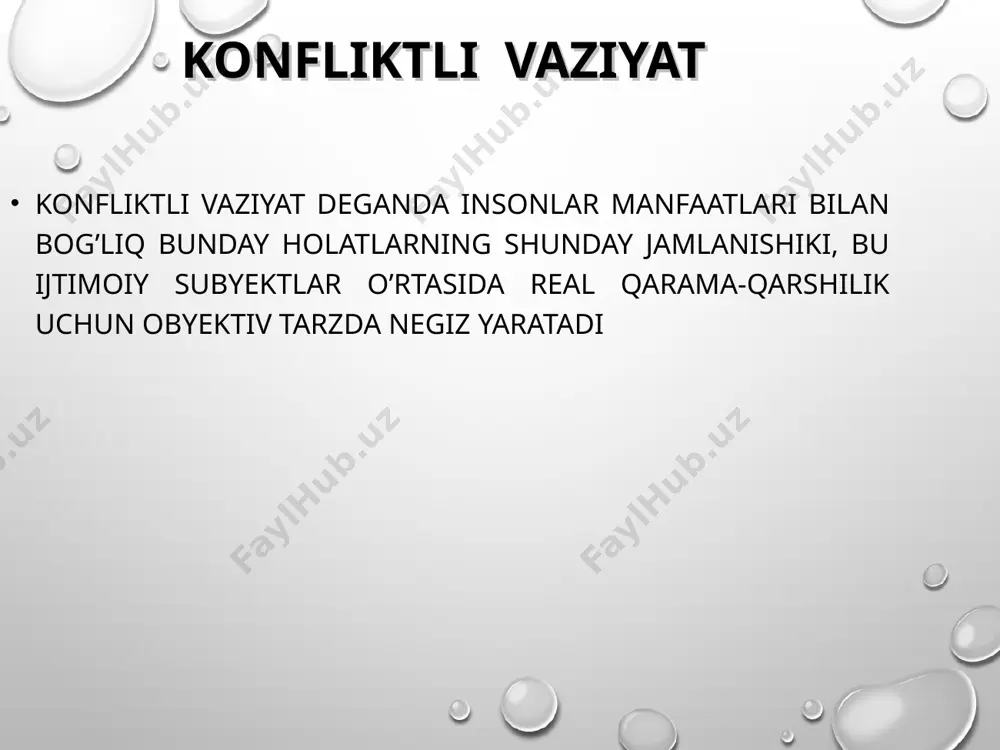 adigan xatoliklar bilan va b. muayyan holatlarda savol berish yoki hatto xushomad qilishni haqorat sifatida qabul qilinishi kuzatilgan. o’zgalarning hatti-harakatlaridagi ma’noni bunday qabul qilishdagi tafovutlar ko’pincha madaniyatdagi farqlar, muloqotning turli qoidalari bilan belgilanadi. afsuski, xatolik orqasida yuzaga kelgan konflikt keyinchalik guyoki o’zining real predmetiga ega bulgan konflikt kabi avj olishi mumkin. psixologik adabiyotda bu masalada bildirilgan yana bir fikr diqqatga sazovordir, ya’ni : “insonlar hayotni va unga xos bo’lgan qiyinchiliklarni turlicha tushunadilar, chunki : har birimizda takrorlanmas xarakter va o’ziga xos hayotiy tajriba bor; har birimiz erkak yoki ayol bo’lib tug’ilamiz; har birimiz tug’ilishda muayyan muhitga tushib qolamiz va butunlay boshqa tajriba, dunyoqarash va rolga ega bo’lamiz; har birimiz turli qadriyatlarga ega bo’lamizki, bular bizning tafakkurimizga va xulq-atvorimizga ta’sir etadi hamda bir xil harakatlarni sodir qilishga va boshqalaridan voz kechishga majbur qiladi. konfliktli vaziyat va shaxs shaxslar o’rtasidagi konfliktda konfliktli vaziyatni taraflar tomonidan qabul qilish xarakteri katta ahamiyatga ega. yuzaga …