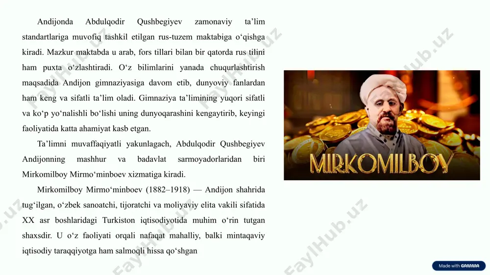 sh taraqqiyparvarlar» (yosh sartlar) tashkiloti tarkibida ishtirok etib, mahalliy aholini madaniyat, ma’rifat va siyosiy ong sari yo‘naltirishda muhim rol o‘ynagan. «yosh taraqqiyparvarlar» jamiyati turkistonda jadidchilik g‘oyalarini targ‘ib qiluvchi, yangi turdagi maorif va milliy o‘zlikni tiklashga intiluvchi ziyolilarni birlashtirgan siyosiy-ma’rifiy tuzilma edi. bu tashkilot o‘zining faoliyatida maktab-madrasa islohotlari, turkiy tilni rivojlantirish, milliy matbuotni tashkil etish kabi yo‘nalishlarda ish olib borgan. ushbu shaxs ana shu sa’y-harakatlarda qatnashib, milliy o‘zgarish jarayonida tashabbuskorlardan biri sifatida faol ko‘ringan. 1917 yilning yanvarida, rossiyadagi fevral inqilobiga olib borayotgan siyosiy beqarorlik va jamiyatdagi ijtimoiy qarama-qarshiliklar turkiston viloyatida ham kuchaygan edi. mahalliy hokimiyat va jamoatchilik o‘rtasidagi munosabatlar tobora murosasiz tus ola boshladi. bu jarayonda milliy siyosiy faollar, xususan, abduqodir qushbegiyev singari shaxslarning faol ishtirok etgani alohida ta’kidga loyiq. 1917 yil 31 yanvarda toshkent shahrida jandarmeriya alohida korpusi podpolkovnigi rozalyon-soshalskiy urush holatidagi viloyatlardagi siyosiy vaziyat va, jumladan, andijondagi "taraqqiyparvarlar" jamiyati faoliyatini jinoiy faoliyat sifatida ko‘rib chiqish maqsadida maxsus tergov harakatlarini …