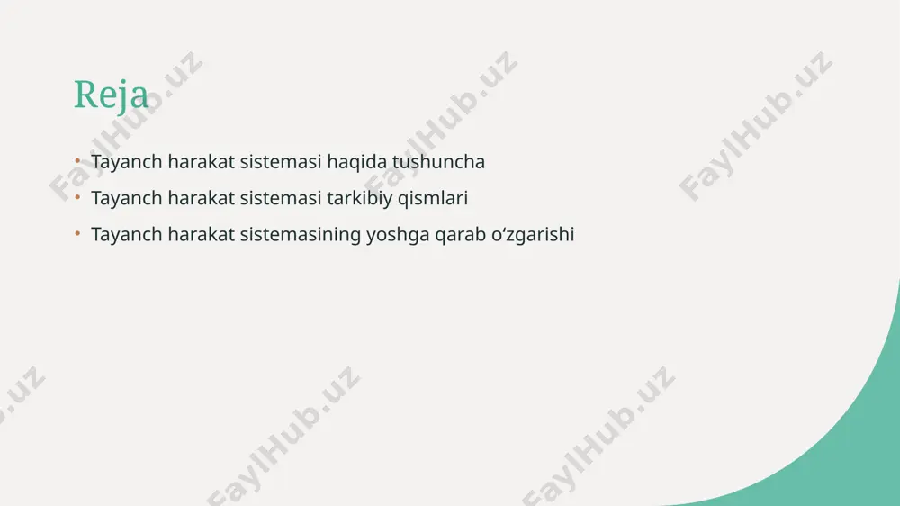 rdir. 3 ijtimoiy va madaniy rol - tayanch harakat tizimi nafaqat jismoniy harakatni, balki madaniy va ijtimoiy faoliyatlarda ishtirok etish uchun ham zarurdir. muskul - skelet tizim va uning sog'liq uchun ahamiyati. muskul-skelet tizimi odamizning harakatini, qo'llab-quvvatlashini va barqarorligini ta'minlaydi. u suyaklar, mushaklar va bo'g'inlardan iborat bo'lib, sog'liq uchun zarur ahamiyatga ega. ushbu tizimning yaxshi holati, jismoniy faoliyat va umumiy farovonlikni ta'minlaydi. tayanch harakat sistemasining fiziologiyasi. tayanch harakat tizimi mushaklarning roli suyaklarning vazifalari tayanch harakat tizimi, suyaklar, mushaklar va bo'g'imlardan iborat bo'lib, harakat va muvozanatni ta'minlaydi, organizmning asosiy fiziologik faoliyatlaridan biridir. mushaklar, energiya sarflash va harakatni boshqarish uchun muhimdir. ular qisqarish orqali suyaklar bilan bog'langan bo'lib, harakatni amalga oshiradi. suyaklar o'zgaruvchan kuchlarga qarshi turib, strukturalarini himoya qiladi. ular mushaklar bilan birgalikda harakatni qo'llab-quvvatlaydi va organizmning shaklini saqlaydi. tayanch harakat sistemasining asosiy komponentlari: suyaklar, mushaklar va bo'g'imlar. 1 suyaklar suyaklar tanamizning asosiy tuzilish elementlaridir. ular harakatni qo'llab-quvvatlaydi va ichki organlarni himoya …