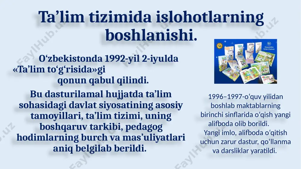 ridagi bitiruvchilarning ota-onalari o‘rtasida o‘tkazilgan so‘rovnoma natijalaridan kelib chiqib, prezident shavkat mirziyoyev tashabbusi bilan 9+3, ya’ni 12-yillik majburiy ta’limdan 11-yillik ta’limga qaytildi. 2017-yil 30-sentabrda «maktabgacha ta’lim tizimini boshqarishni takomillashtirish to‘g‘risida»gi farmonni imzoladi. unga ko‘ra, maktabgacha ta’lim vazirligi tashkil etildi. 2017-yilga kelib o‘zbekistonda 4916 ta maktabgacha ta’lim muassasalari faoliyat yuritmoqda. oxirgi 20 yil davomida bog‘chalar soni 45%ga kamaygan. ayni damda bog‘chaga borayotgan bolalar umumiy bolalar sonining 30% ni tashkil qiladi. 2026-yilda esa 60-70 % yetishi uchun harakat qilinyapti. 1992-yil martda viloyatlardagi pedagogika institutlari negizida andijon davlat universiteti, buxoro davlat universiteti, termiz davlat universiteti, urganch davlat universiteti, qarshi davlat universiteti tashkil qilindi. oliy ta’lim va undan keyingi ta’limning takomillashtirilishi prezidentning 1992-yil fevraldagi farmoni bilan yana sakkizta viloyat pedagogika institutlariga universitet maqomi berildi. toshkent davlat agrar universiteti, andijon, samarqand qishloq xo‘jaligi, qarshi muhandislik iqtisodiyot, toshkent irrigatsiya va qishloq xo‘jaligini mexanizatsiyalash instituti ish boshladi. mamlakat qishloq xo‘jaligi uchun zarur bo‘lgan va zamonaviy bilimlar sohibi …