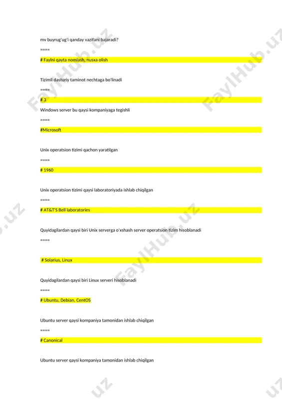 ir. shuni aytish joizki, ularning o’lchamlari tobora ixchamlashib, hatto shaxsiy kompyuterdek kichik joyni egallaydiganlari yaratilmoqda super komputerlar bu ==== # juda katta tezlikni talab qiladigan va katta hajmdagi masalalarni yechish uchun mo’ljallangan bo’ladi. bunday masalalar sifatida ob-havoning global prognoziga oid masalalarni, uch o’lchovli fazoda turli oqimlarning kechishini o’rganish masalalarini keltirish mumkin. bu kompyuterlar bir sekundda 10 trilliardlab amal bajaradi. minikompyuterlar bu ==== # hajmi va bajaradigan amallar tezligi jihatidan katta kompyuterlardan kamida bir pog’ona pastdir. shuni aytish joizki, ularning o’lchamlari tobora ixchamlashib, hatto shaxsiy kompyuterdek kichik joyni egallaydiganlari yaratilmoqda ==== operatsion tizimlar tuzilishiga ko'ra sinflanishi ==== # monolit, ko'p sathli, klient -server, mikro yadroli monolit operatsion tizimlar bu ==== # bu biron bir aniq strukturaga ega bo’lmagan tuzilishga ega operatsion tizim hisoblanadi. quyidagilardan qaysi biri mikroyadroli operatsion tizim hisoblaniladi ==== # linux tizimli chaqiruv- ==== # operasion tizim va ishlayotgan dastur orasidagi interfeysni taminlab beradi operatsion tizimga qo'yiladigan talablar bular …