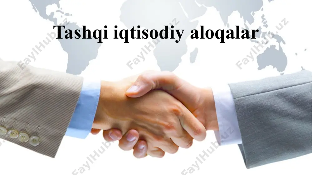 larni ishlab chiqarish kuchayadi. ayniqsa, mamlakatimizda yetishtirilgan meva va sabzavotlar eksportini kuchaytirish zarur. yana bir muhim vazifalardan biri - bu dehqon va fermer xo‘jaliklarga tashqi bozorda barqaror xaridorlarni topishdir. ishlab chiqarishning rivojlanishiga hamohang ko‘plab mahsulotlarning, jumladan, yoqilg‘i, oziq-ovqat va xalq iste’moli buyumlarining importi qisqarmoqda. umumiy importning 3/4 qismini texnik va ishlab chiqarish jihozlari hamda asbob-uskunalar tashkil qiladi. bu mamlakat iqtisodiyotining rivojlanish istiqbollariga aynan mos keladi. o‘zbekistonda 4200 dan ortiq xorijiy korxona faoliyat ko‘rsatmoqda. endilikda o‘zbekiston jahon banki, osiyo taraqqiyot banki, islom taraqqiyot banki, opec xalqaro rivojlanish jamg‘armasi, saudiya taraqqiyot jamg‘armasi kabi xalqaro moliyaviy tashkilotlar bilan yaqin hamkorlik qilmoqda. xalqaro moliyaviy tashkilotlar bilan hamkorlik qilib, mamlakat ishlab chiqarish kuchlarini modernizatsiya qilish va yangilash uchun chet el sarmoyasini kiritish shakli investitsiya deb ataladi. mamlakat taraqqiyotini jadallashtirish uchun investitsiyalarni yanada ko‘proq jalb etish maqsadga muvofiq bo‘ladi. tashqi iqtisodiy aloqalarni rivojlanish istiqbollari taqozosi o‘laroq mamlakatimiz hududida maxsus erkin iqtisodiy zonalar tashkil etilayotganligi xususida avvalgi …
